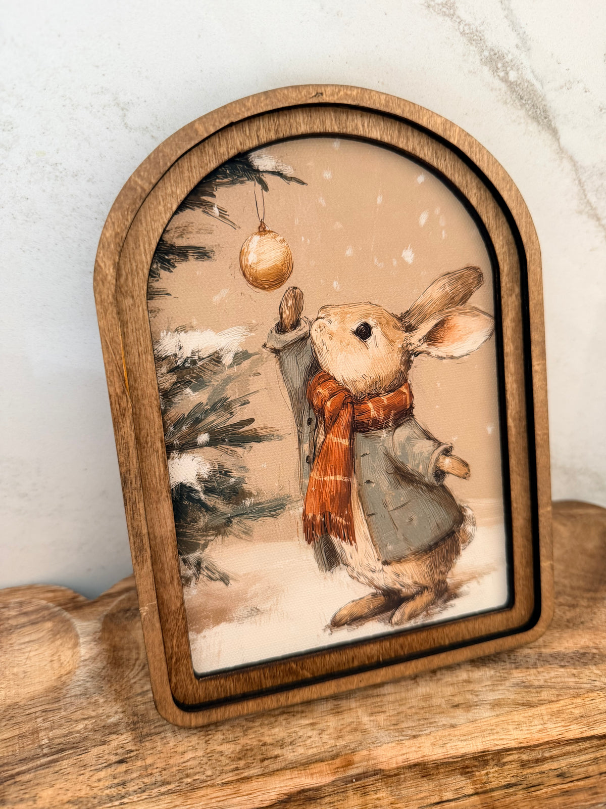 Winter Bunny Ornament Arch Wood Frame Art Print 6 x 8 Vintage Style Christmas Rabbit Whimsical