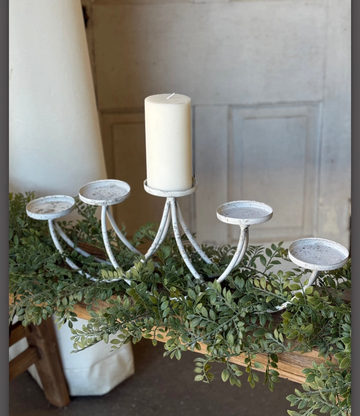 24” Swooping Metal Candelabra Distressed White 5 Candle Holder