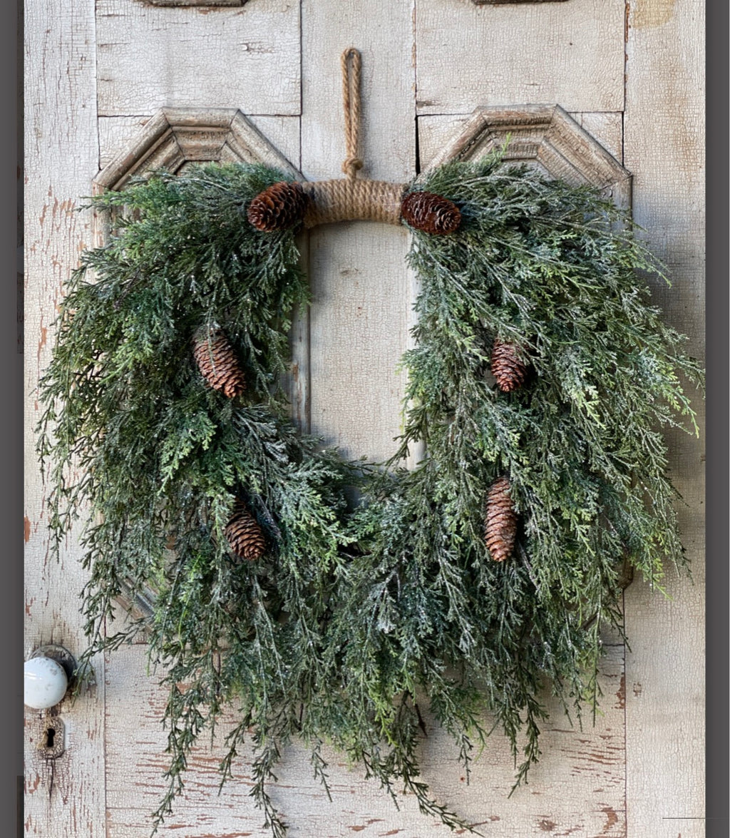 Silver Thread 28” Frosted Cedar Wreath Christmas Pinecone Farmhouse Winter Front Door
