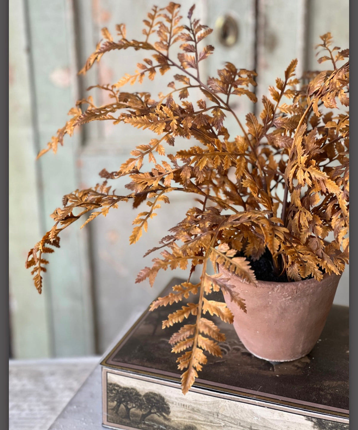Autumnal 18” Potted Faux Fern Cinnamon Cement Pot Fall Greenery Tabletop Home Decor