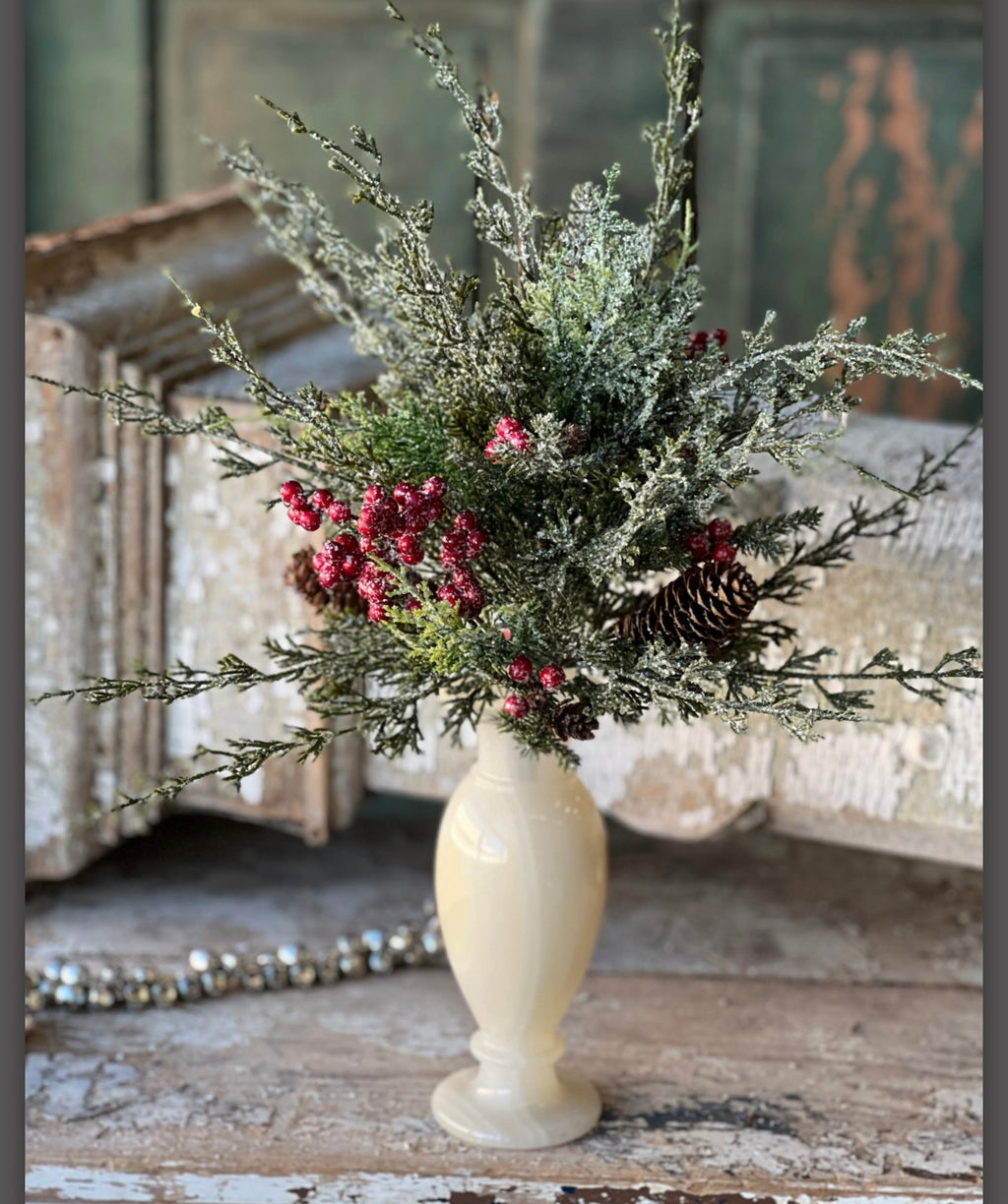 18” Divinity Berry Cedar Pick Frosted Christmas Greenery Stem With Red Berries