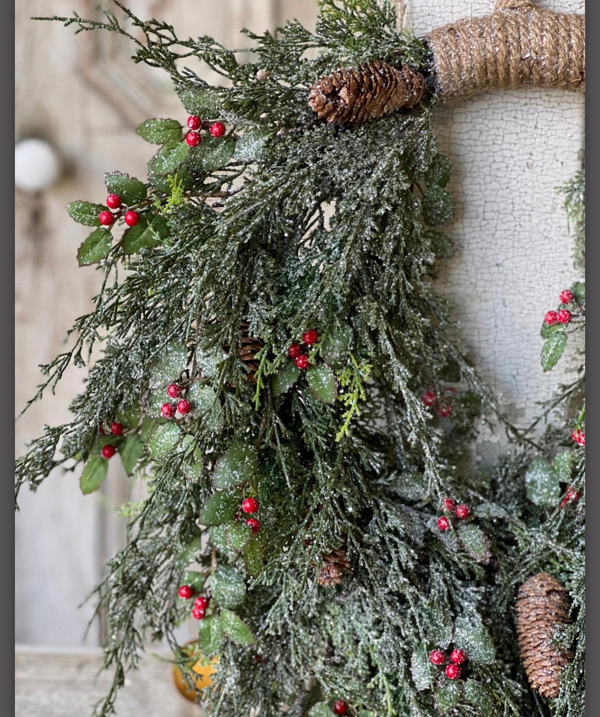 26” Holly Hill Cedar Christmas Wreath Snowy Hanging Wreath With Red Berries & Pinecone