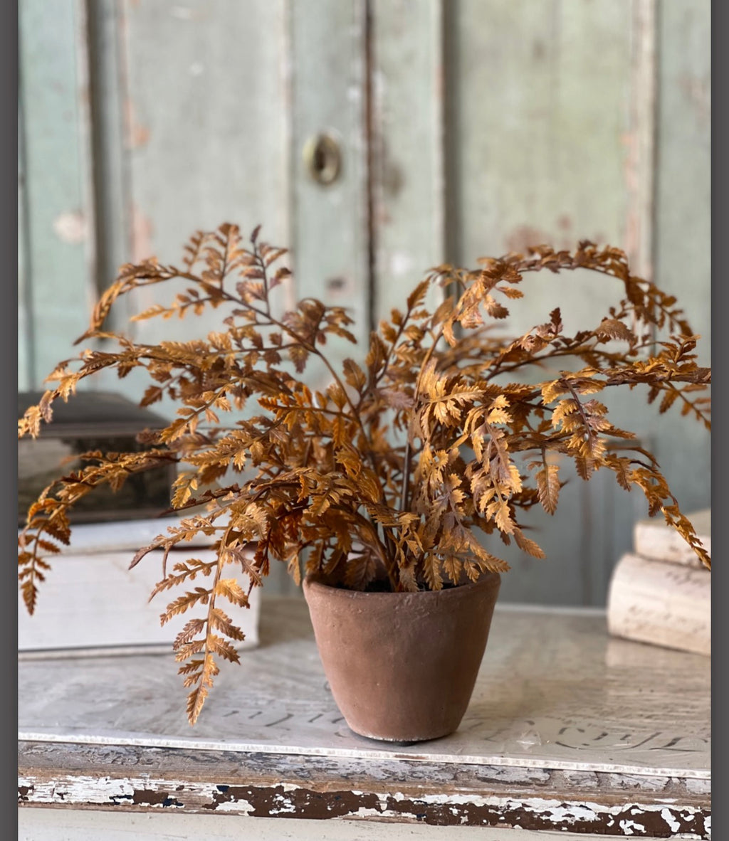 Autumnal 18” Potted Faux Fern Cinnamon Cement Pot Fall Greenery Tabletop Home Decor