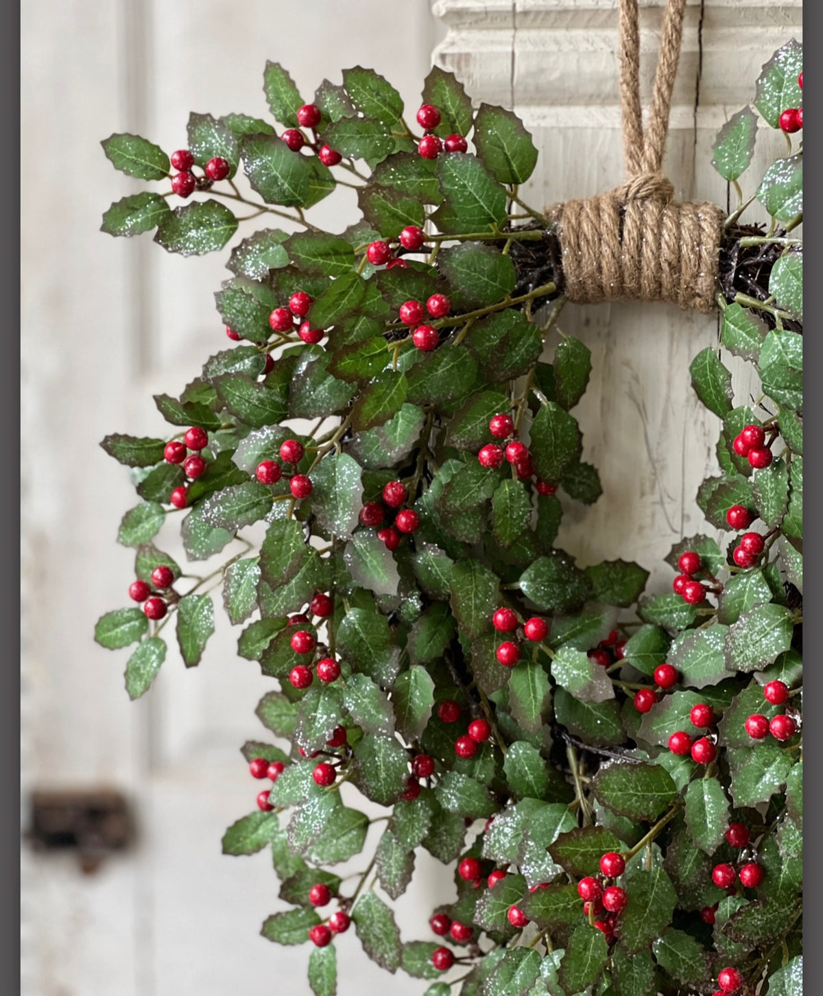 18” Holly & Red Berry Hanging Christmas Wreath Glittered Holiday Greenery Door Decor