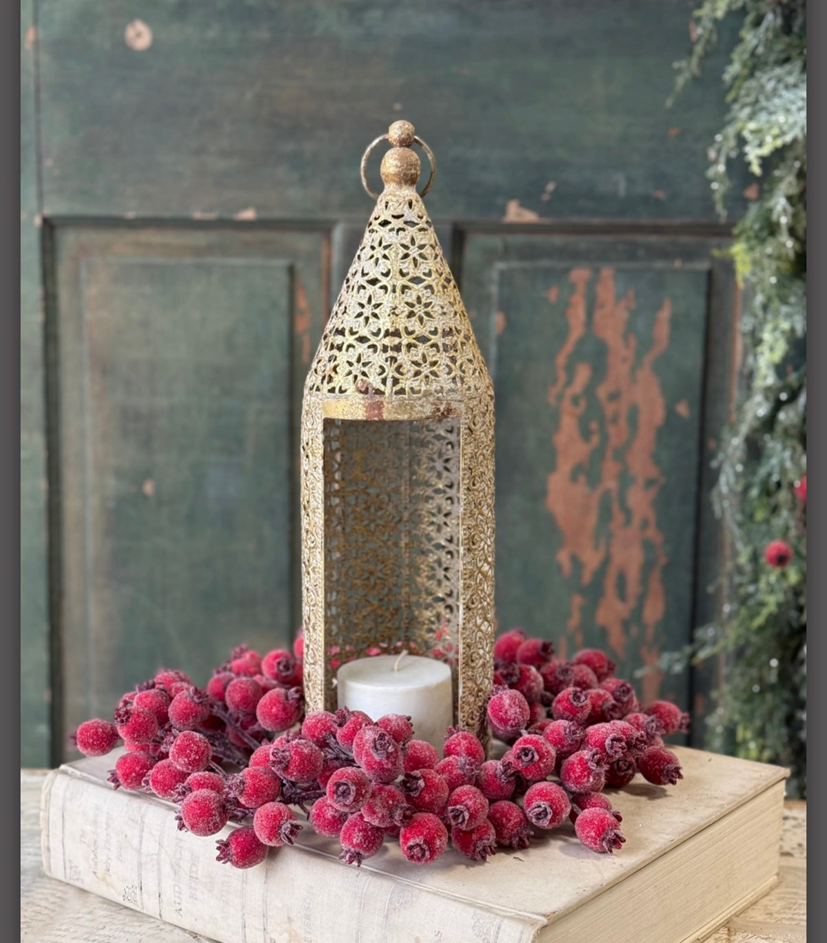 Filigree Flourish 16.5” Metal Lantern Gold Bronze Farmhouse Boho Home Decor Candle Holder