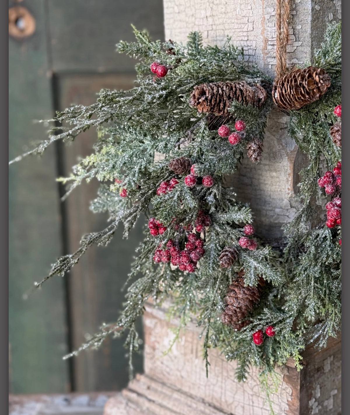 14” Berry Christmas Wreath Frosted Cedar & Pinecones Holiday Farmhouse
