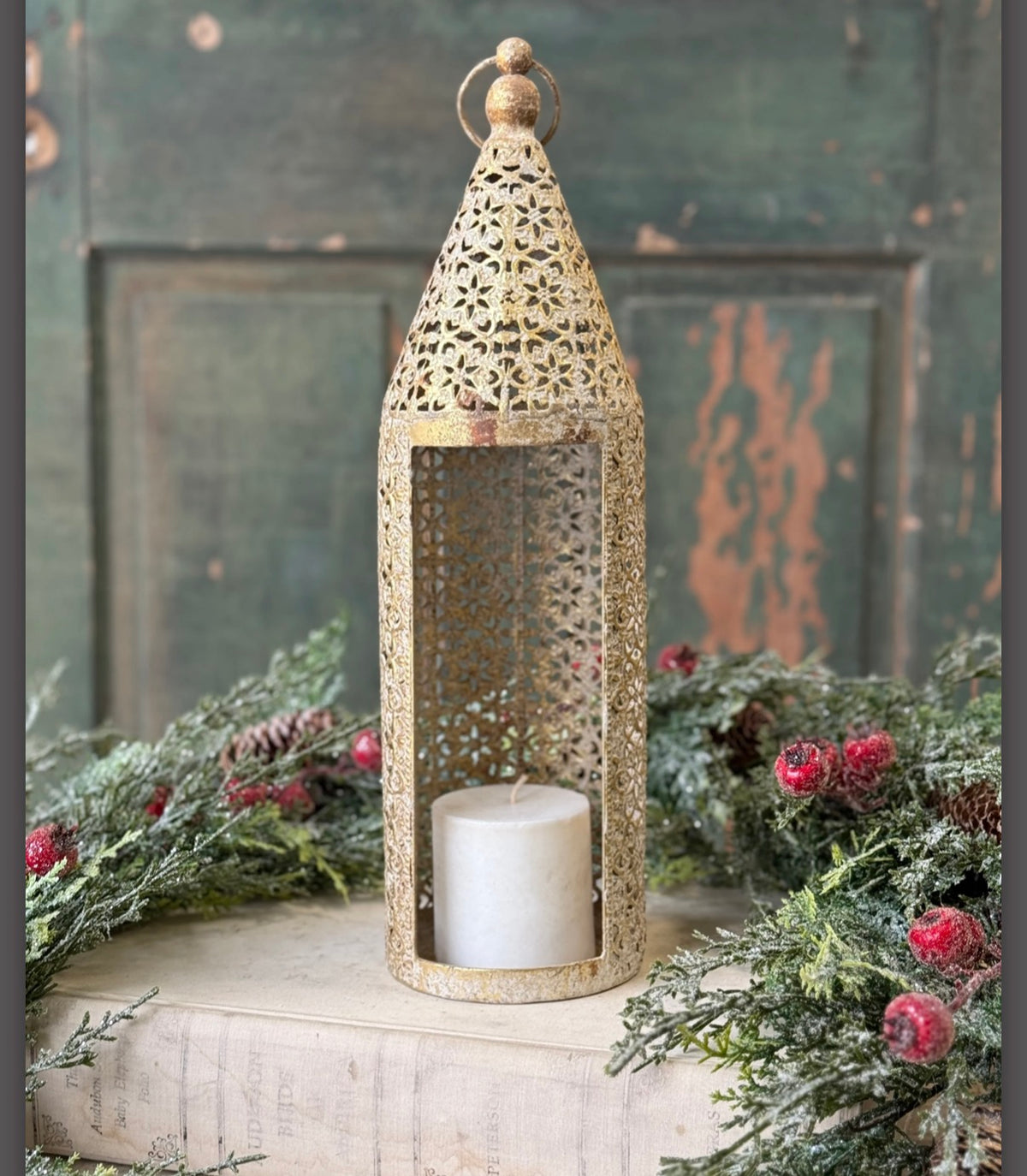 Filigree Flourish 16.5” Metal Lantern Gold Bronze Farmhouse Boho Home Decor Candle Holder