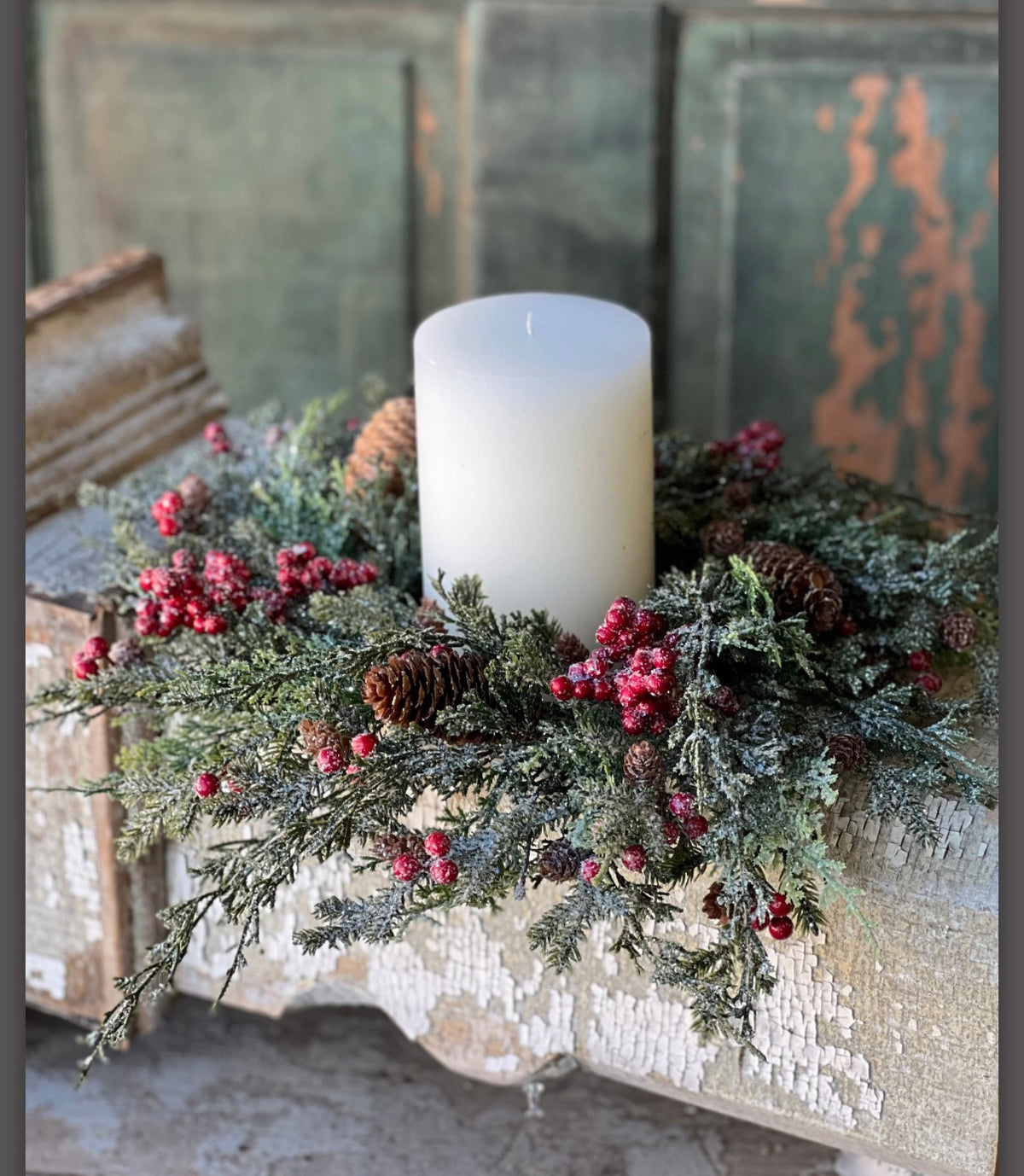 18” Divinity Berry Cedar Pinecone Candle Ring Christmas Holiday Centerpiece