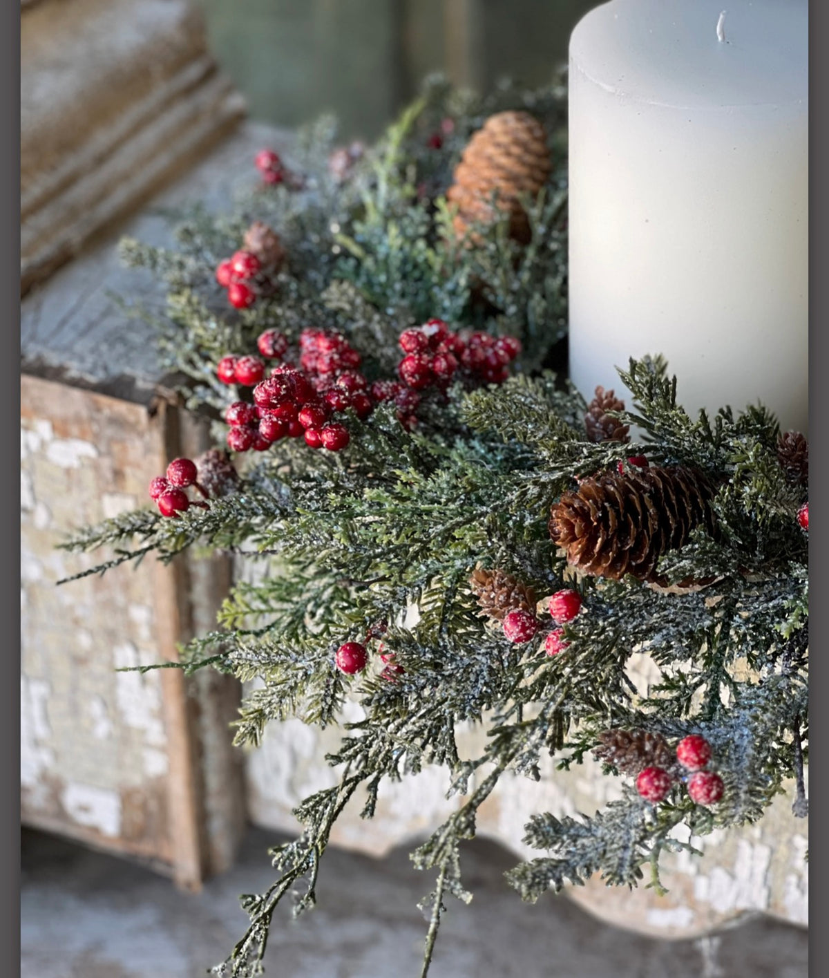 18” Divinity Berry Cedar Pinecone Candle Ring Christmas Holiday Centerpiece