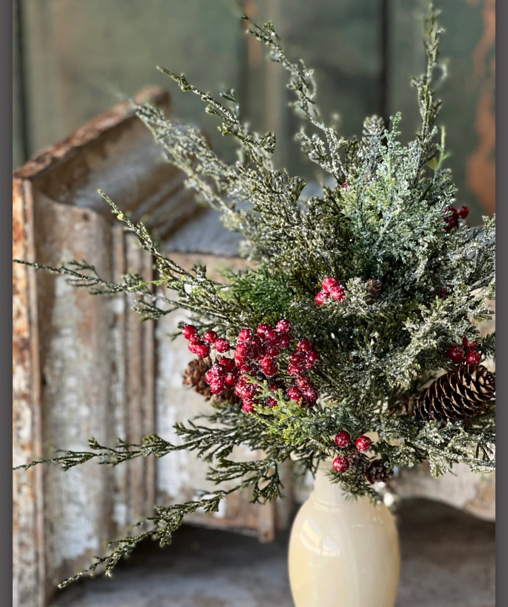 18” Divinity Berry Cedar Pick Frosted Christmas Greenery Stem With Red Berries