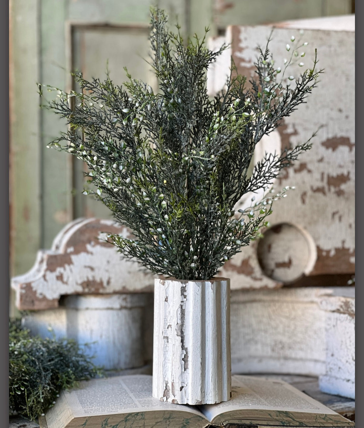 20” Shimmering Cedar Bush Pick Frosted Faux Christmas Greenery With Snow & Glitter