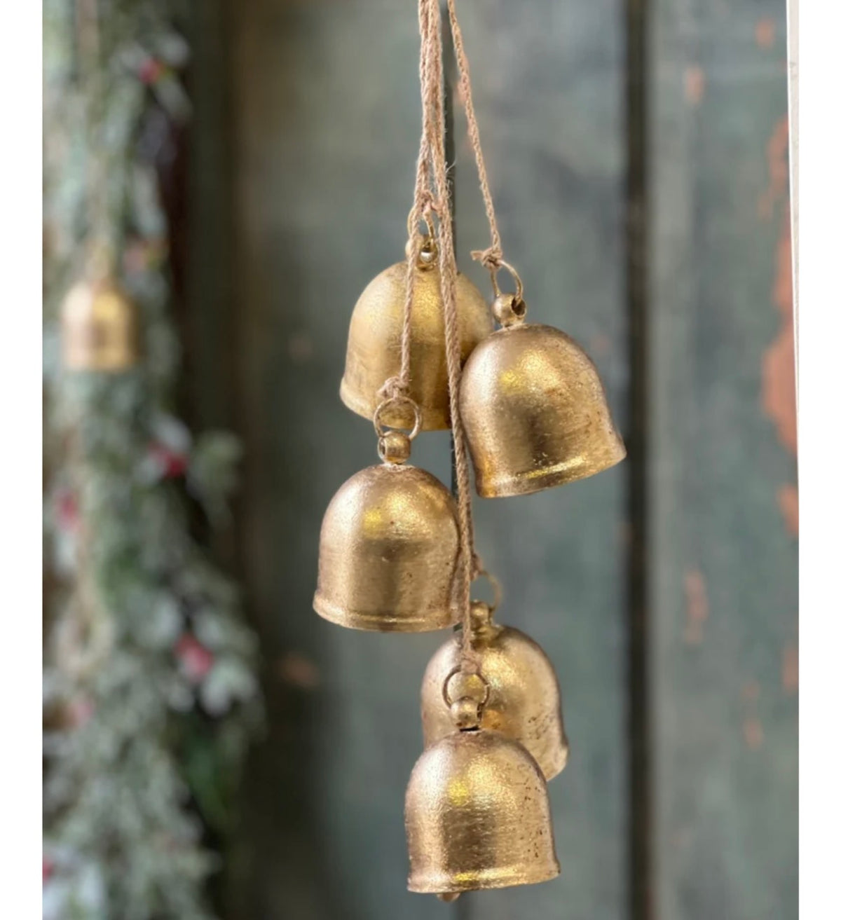 Gold Antique Style Dasher Christmas Bells On Burlap Rope Holiday