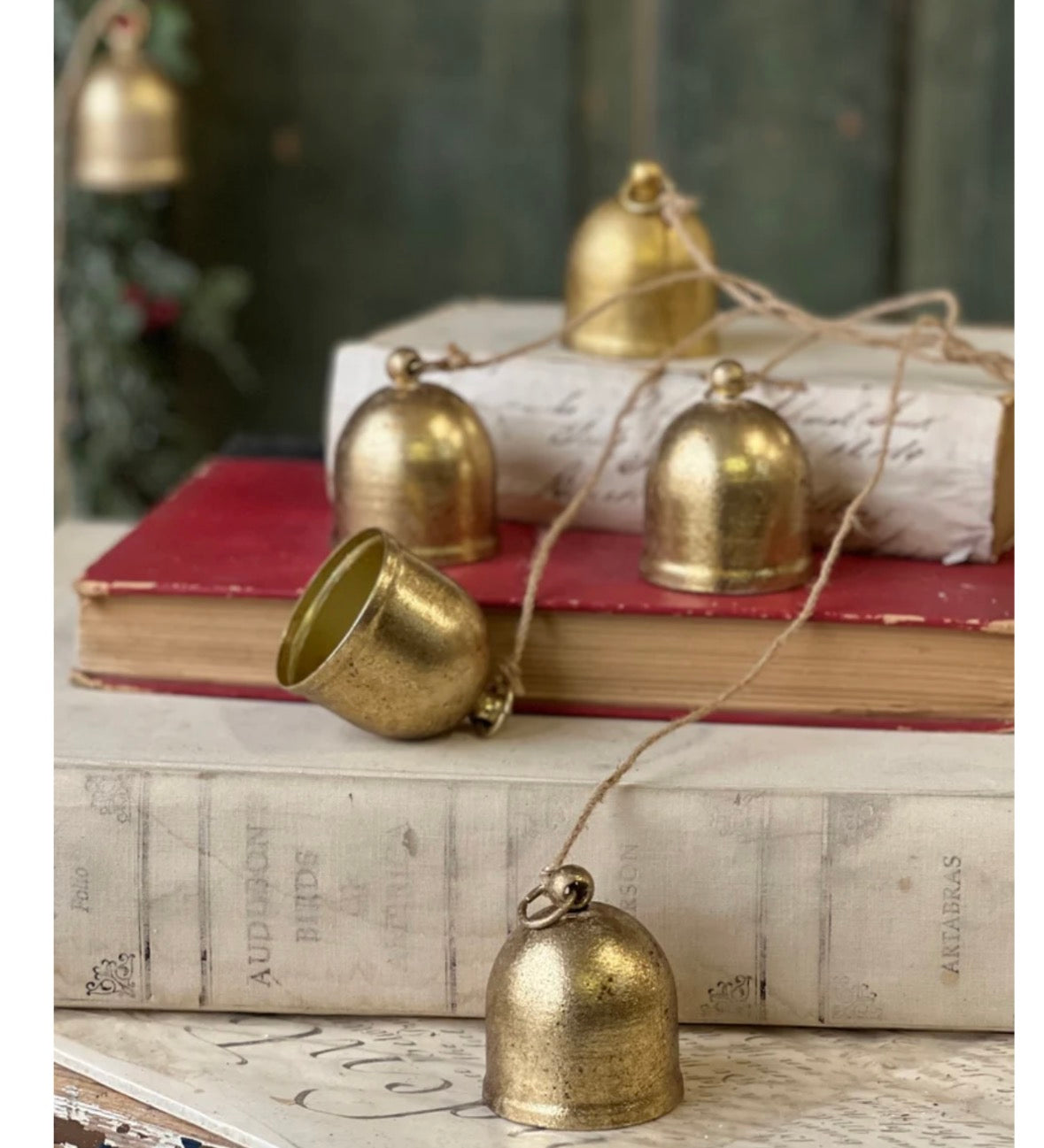 Gold Antique Style Dasher Christmas Bells On Burlap Rope Holiday