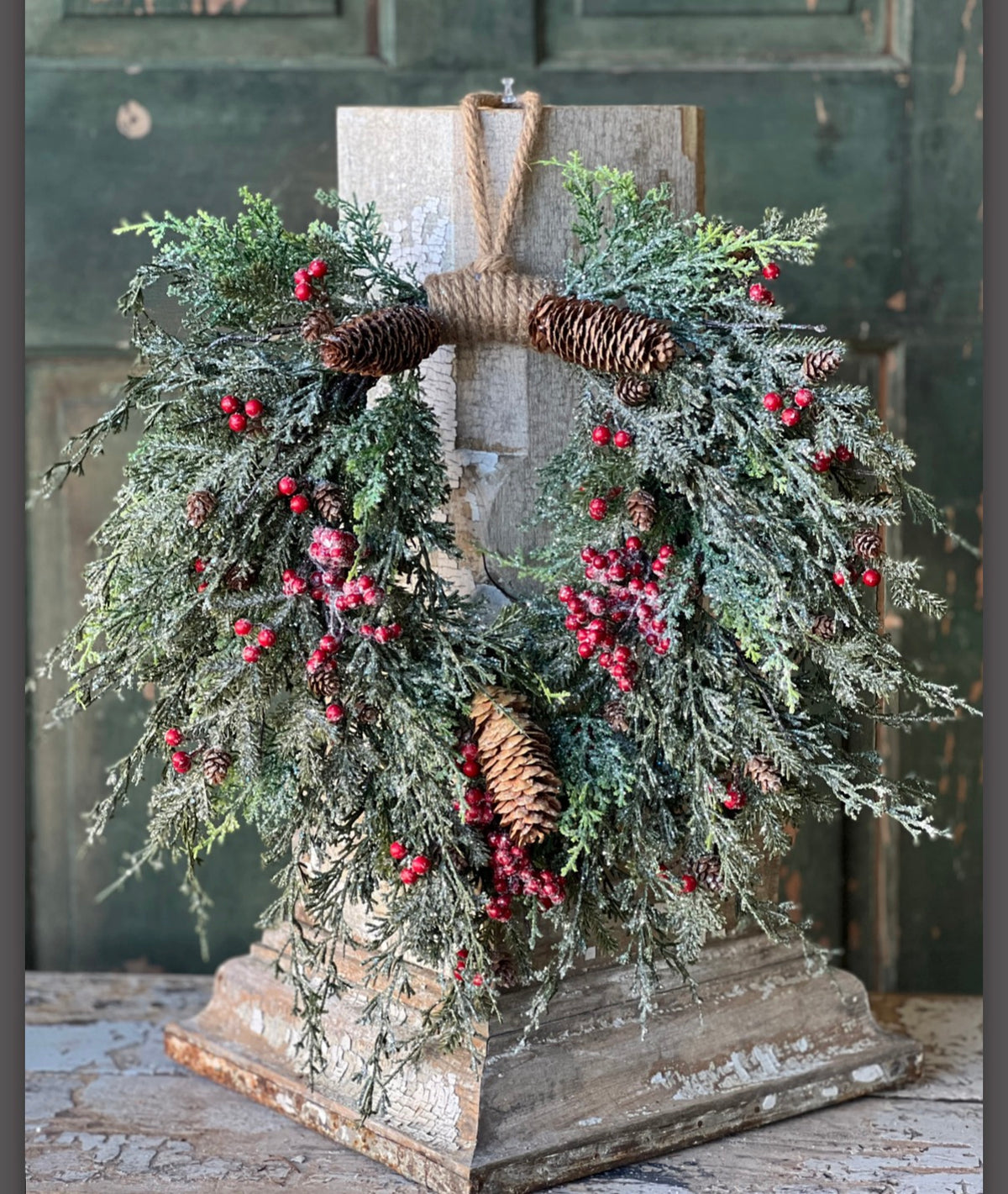 Divinity Berry Faux Cedar Wreath 20” Frosted Pinecone Red Berry Christmas Holiday Front Door