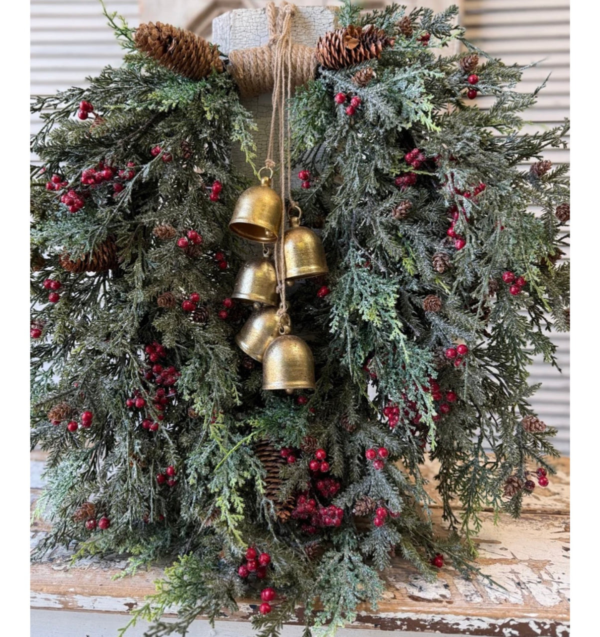 Gold Antique Style Dasher Christmas Bells On Burlap Rope Holiday