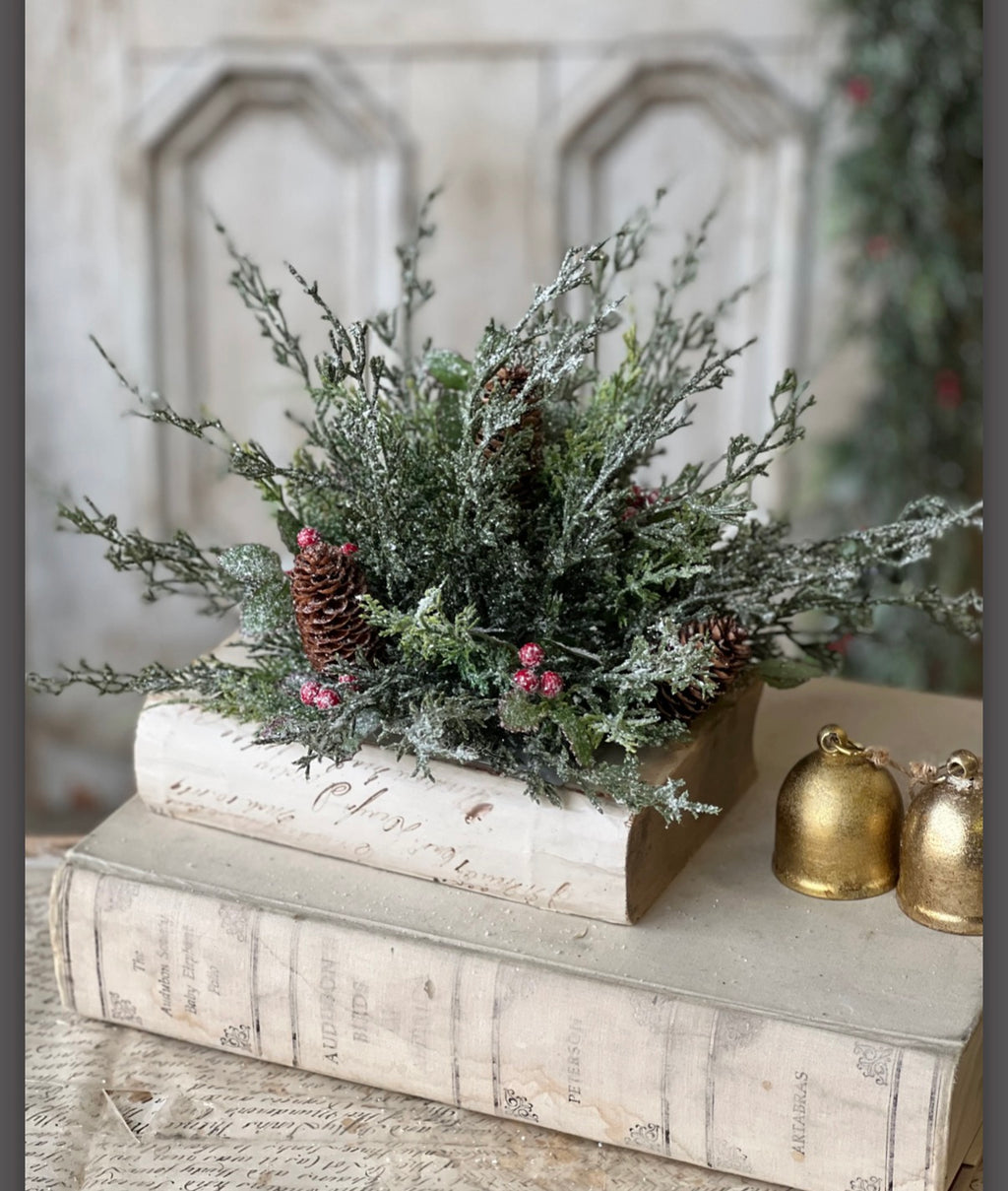 10” Holly Hill Cedar Half Sphere Snowy Christmas Greenery With Red Berries & Pinecones