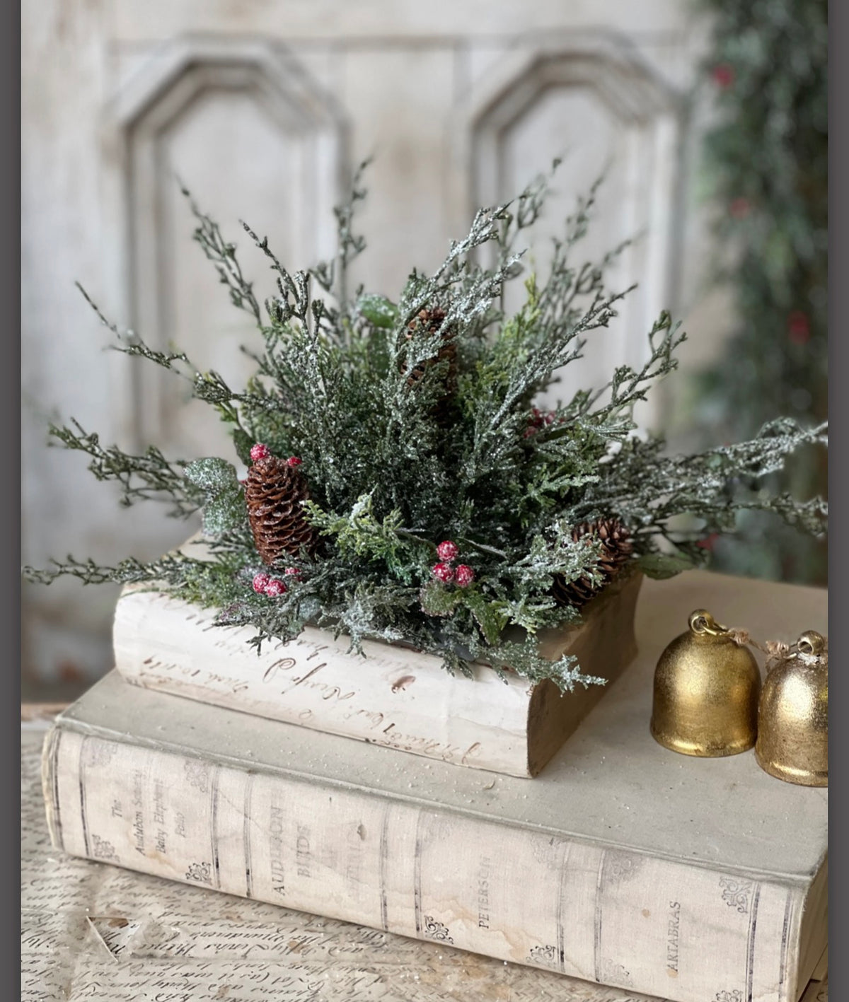 10” Holly Hill Cedar Half Sphere Snowy Christmas Greenery With Red Berries & Pinecones