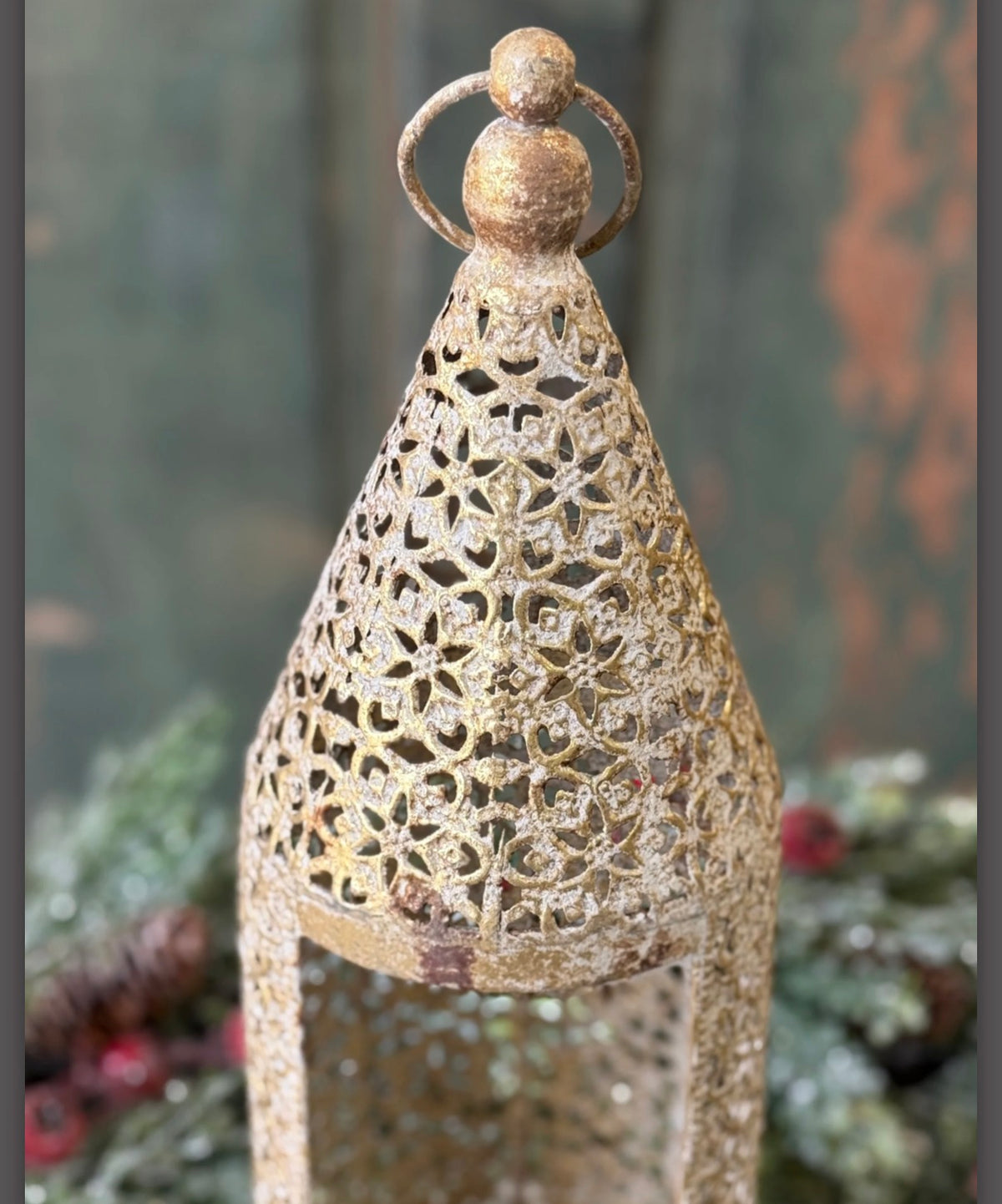 Filigree Flourish 16.5” Metal Lantern Gold Bronze Farmhouse Boho Home Decor Candle Holder