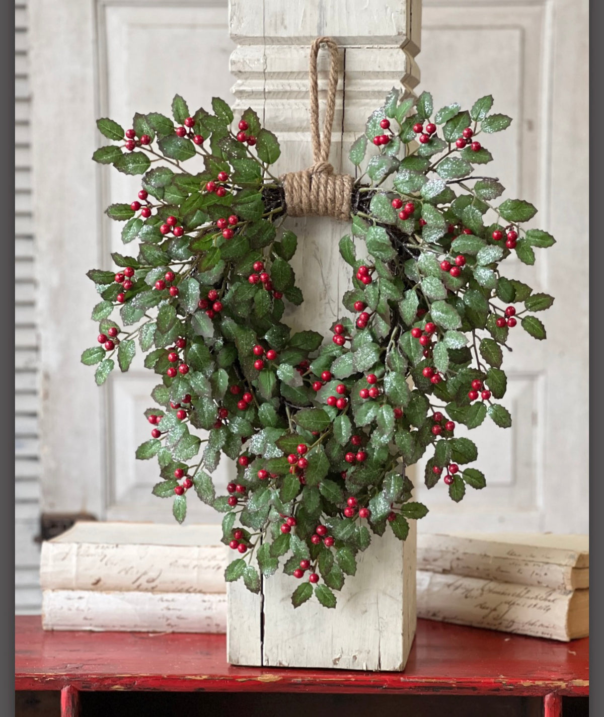 18” Holly & Red Berry Hanging Christmas Wreath Glittered Holiday Greenery Door Decor