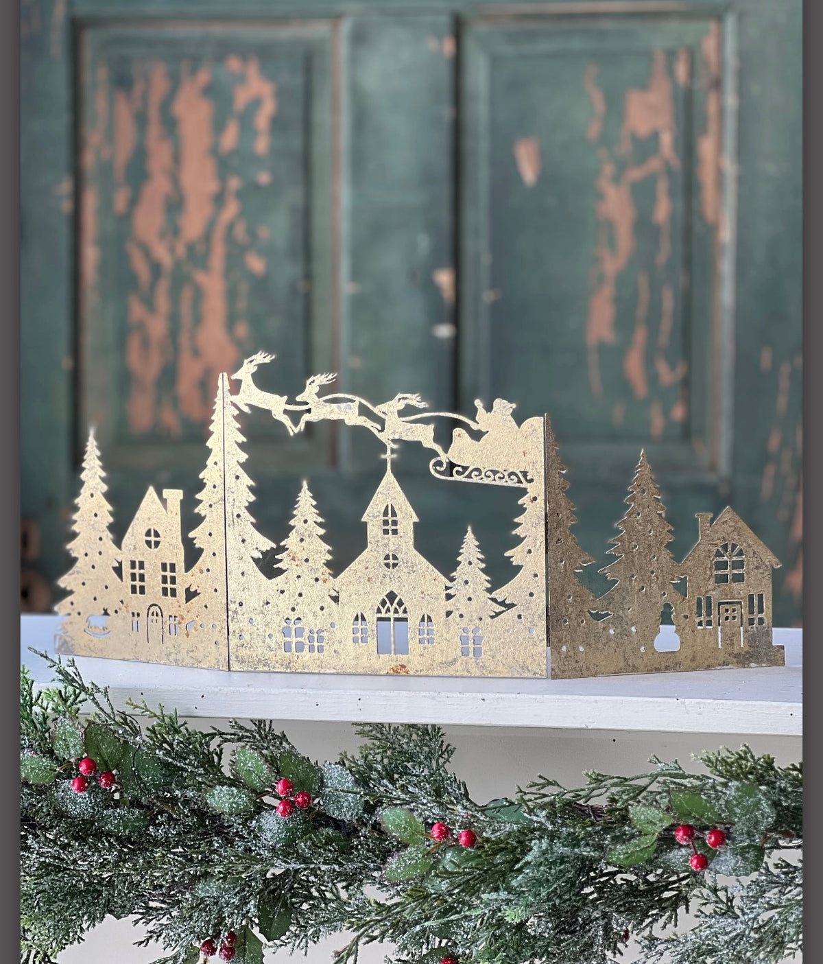 Santa’s Sleigh Village Mantle Scene 20” Gilded Metal Folding Christmas Village Holiday
