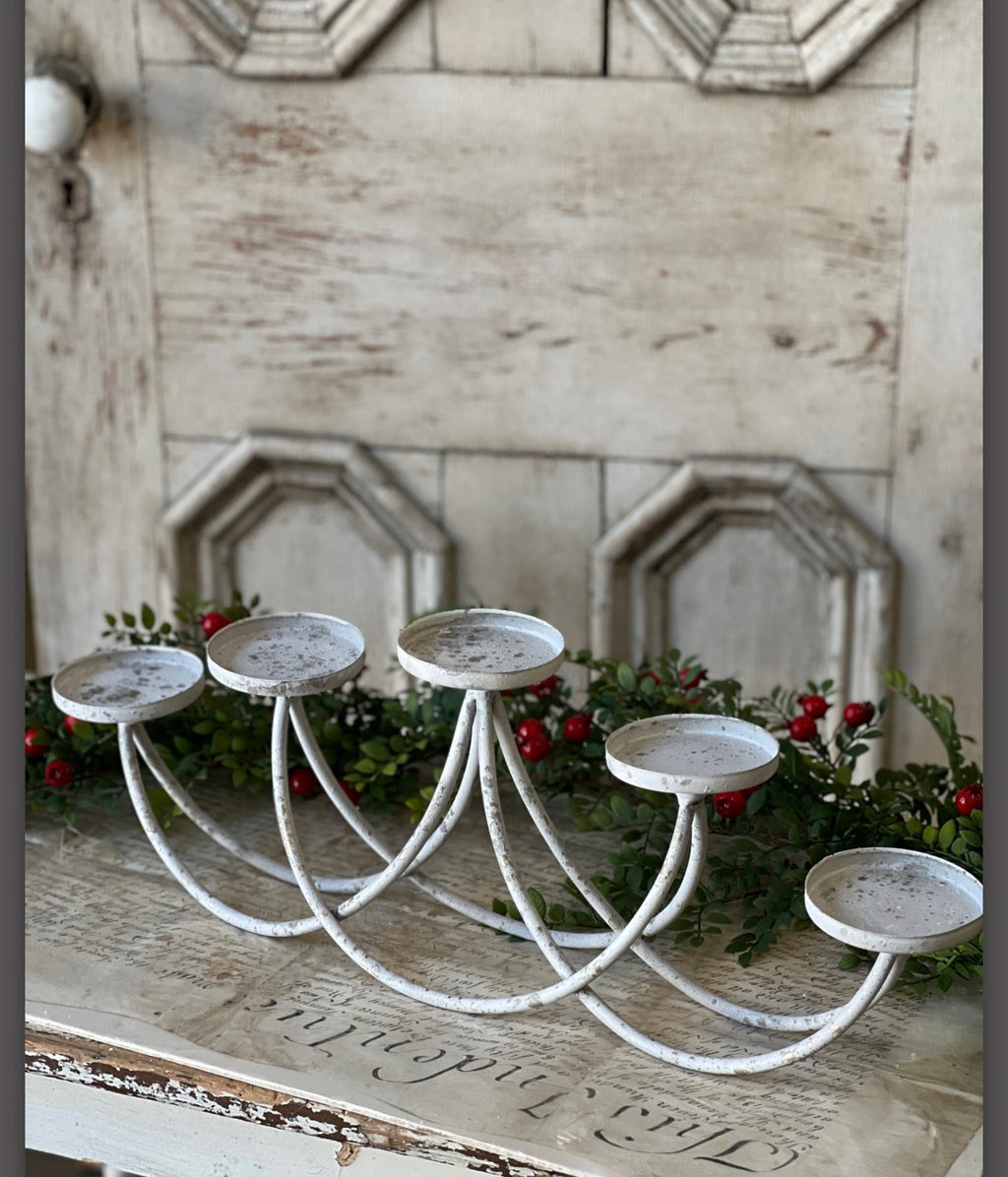 24” Swooping Metal Candelabra Distressed White 5 Candle Holder