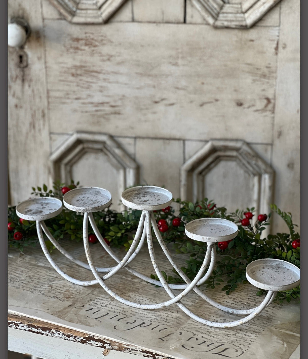 24” Swooping Metal Candelabra Distressed White 5 Candle Holder