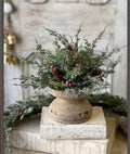 10” Holly Hill Cedar Half Sphere Snowy Christmas Greenery With Red Berries & Pinecones
