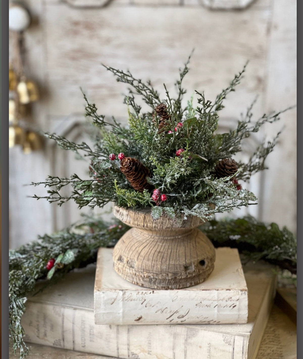 10” Holly Hill Cedar Half Sphere Snowy Christmas Greenery With Red Berries & Pinecones