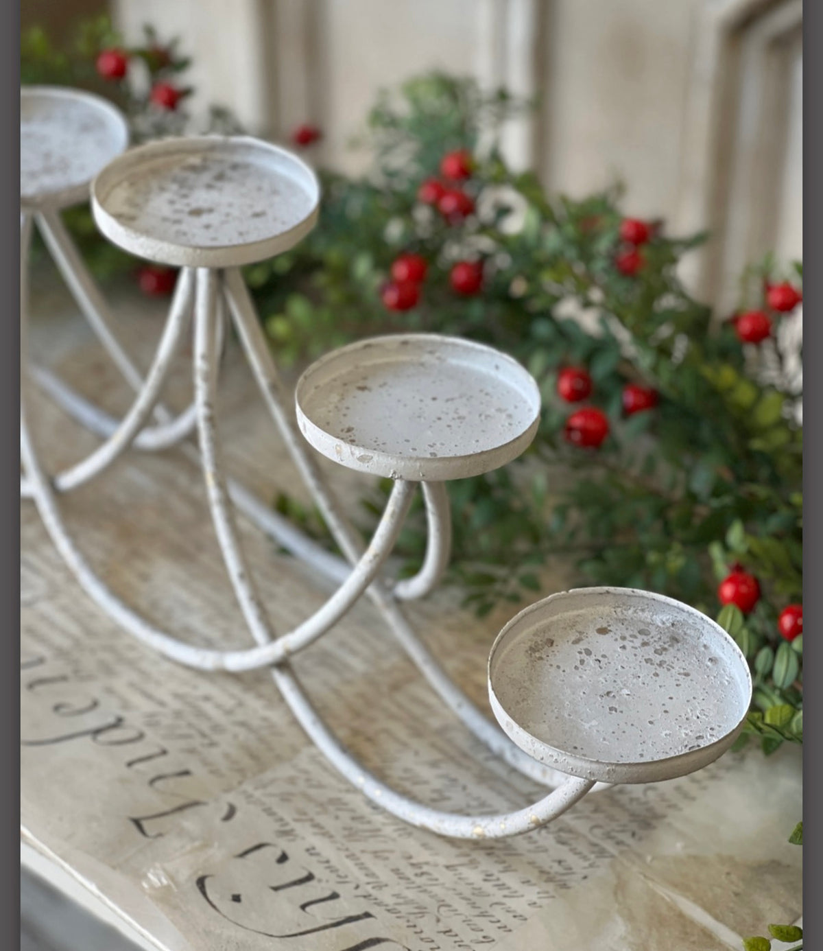 24” Swooping Metal Candelabra Distressed White 5 Candle Holder