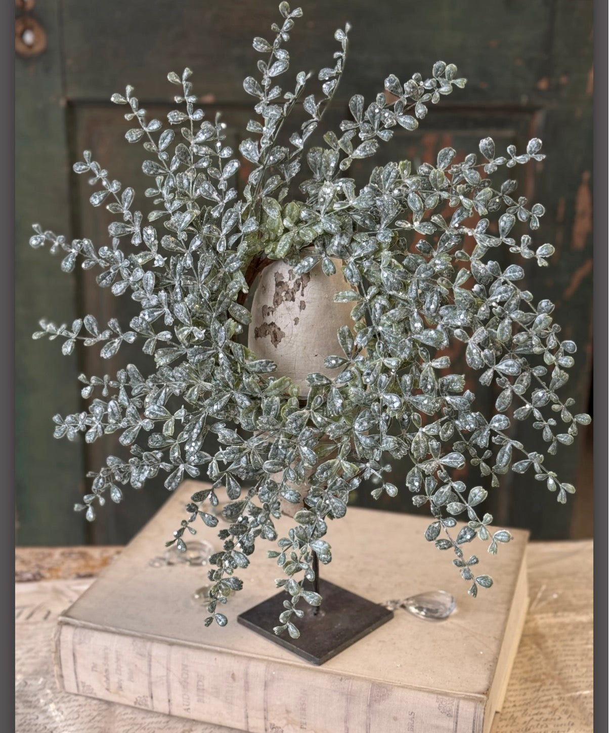 Glitter Gleam Greens 16” Candle Ring Frosted Winter Foliage Wreath