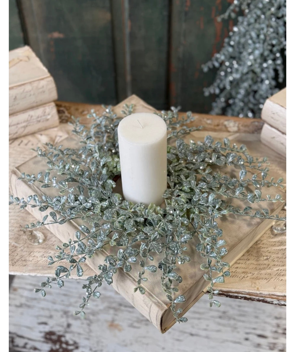 Glitter Gleam Greens 16” Candle Ring Frosted Winter Foliage Wreath