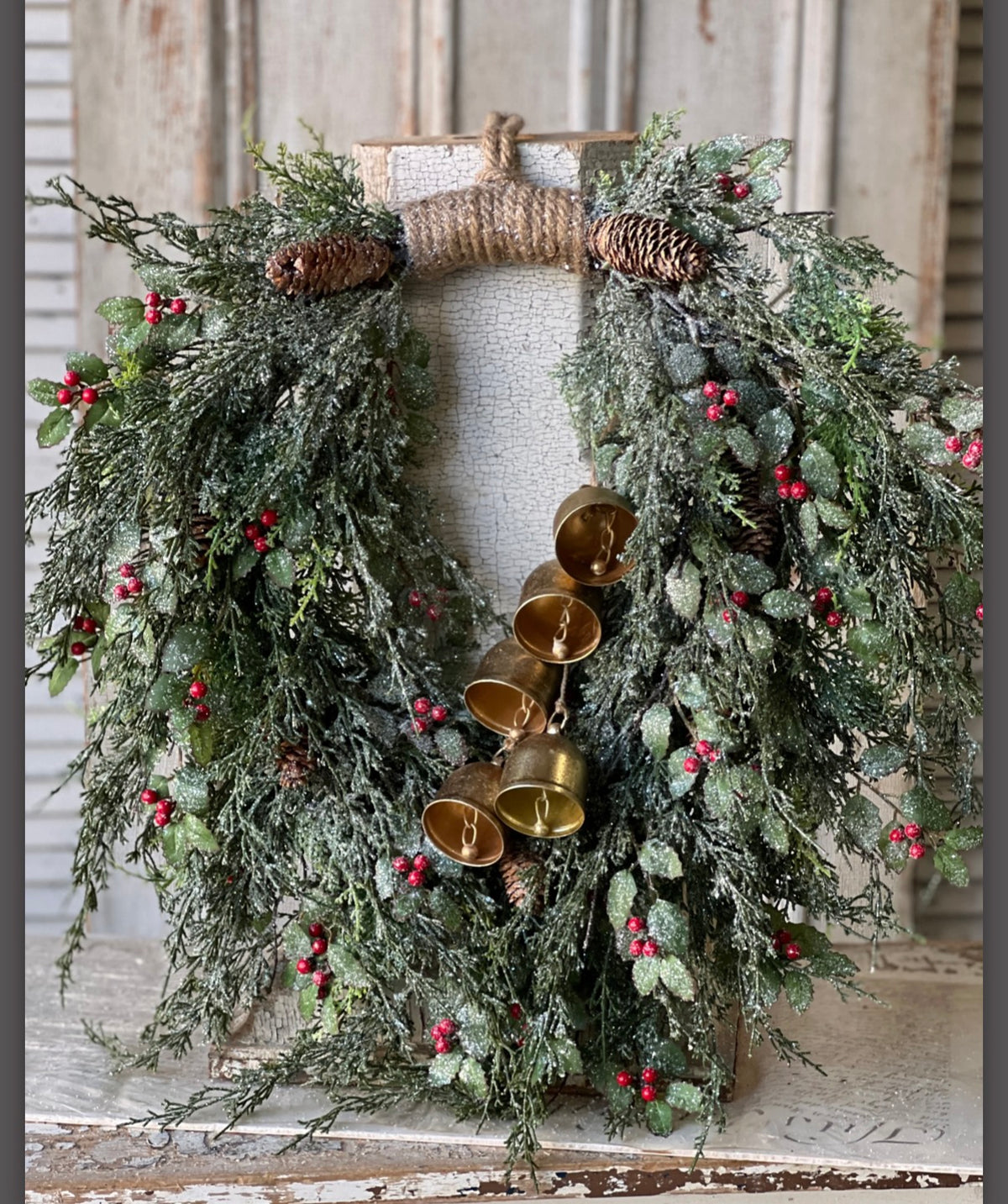 26” Holly Hill Cedar Christmas Wreath Snowy Hanging Wreath With Red Berries & Pinecone