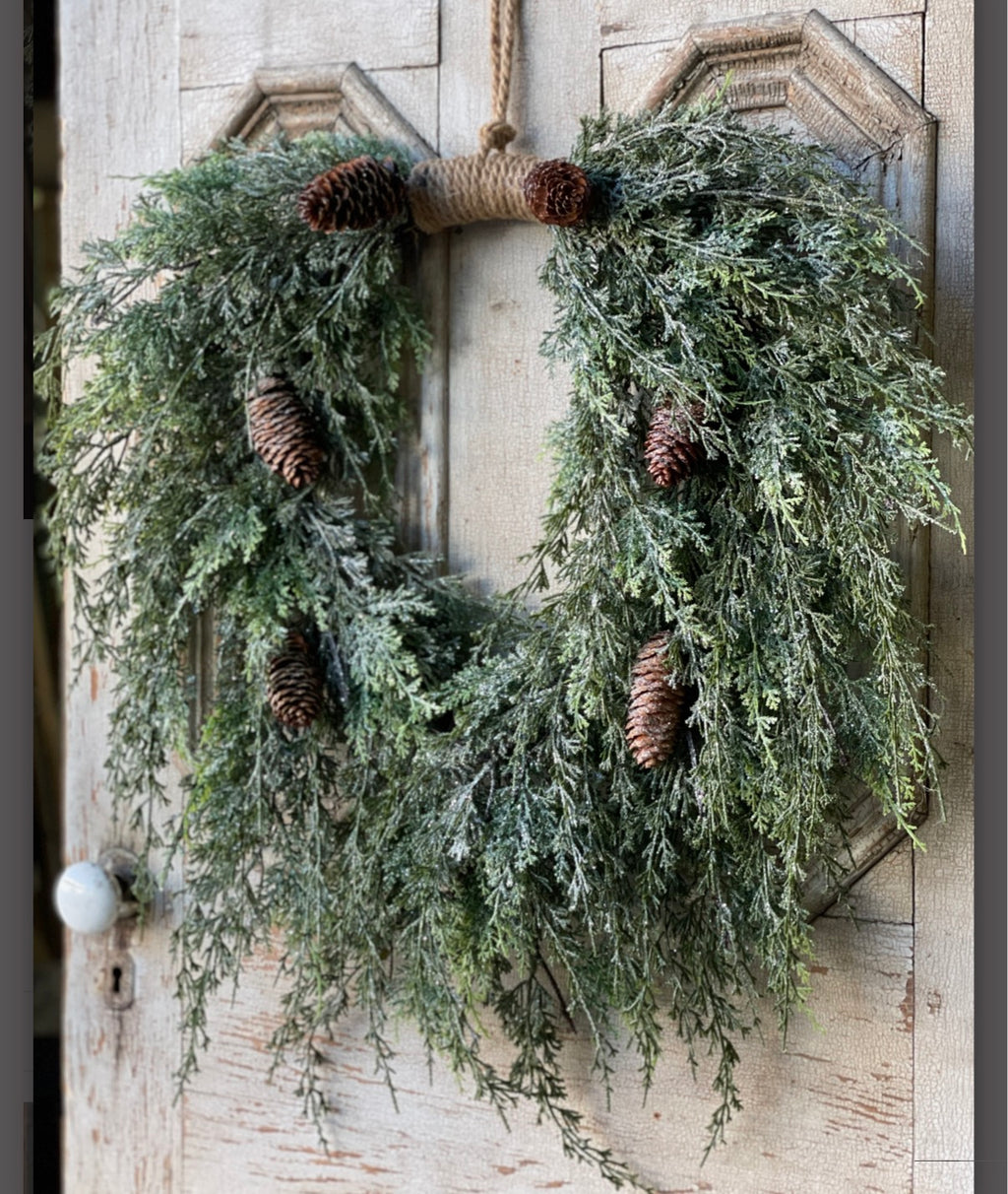 Silver Thread 28” Frosted Cedar Wreath Christmas Pinecone Farmhouse Winter Front Door