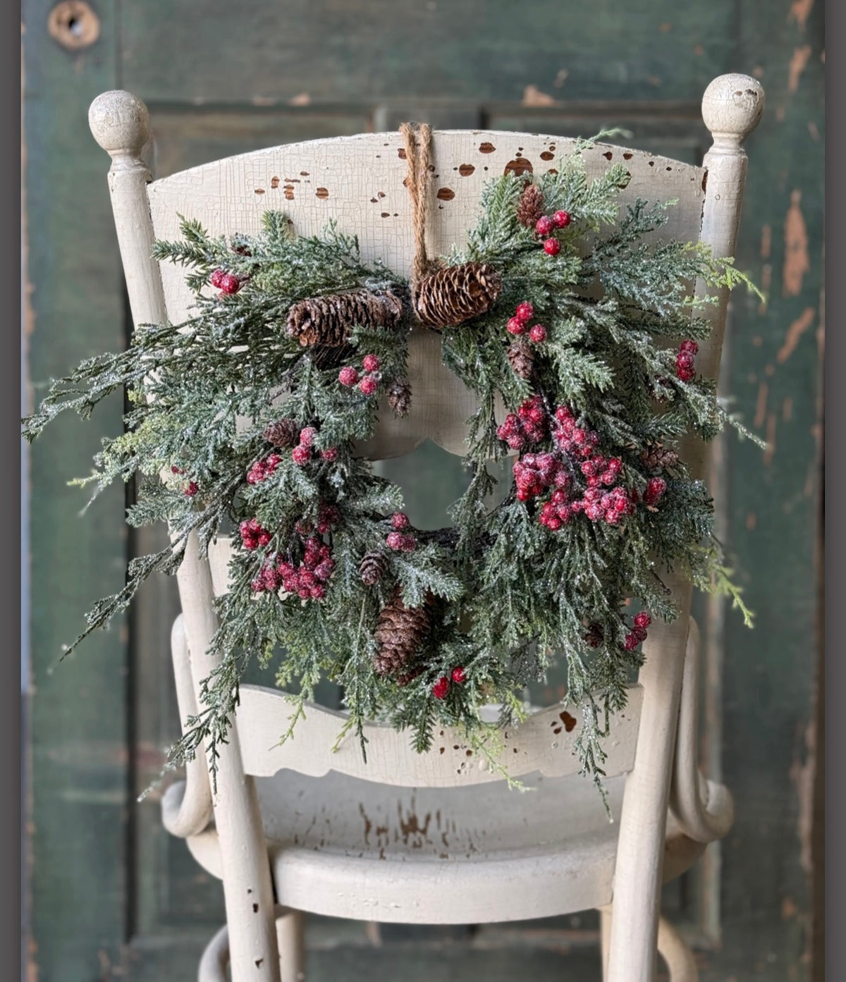 14” Berry Christmas Wreath Frosted Cedar & Pinecones Holiday Farmhouse