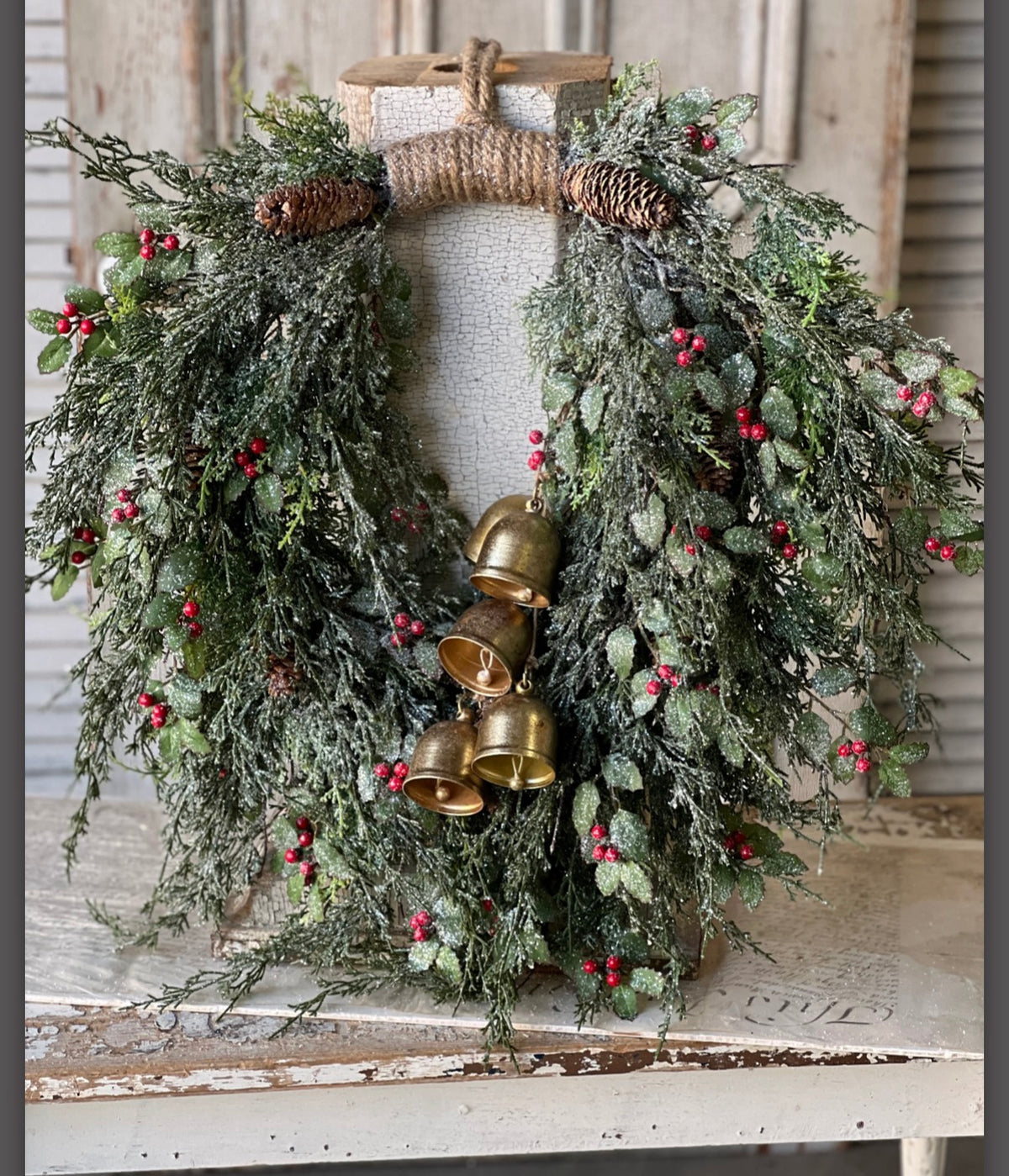 26” Holly Hill Cedar Christmas Wreath Snowy Hanging Wreath With Red Berries & Pinecone