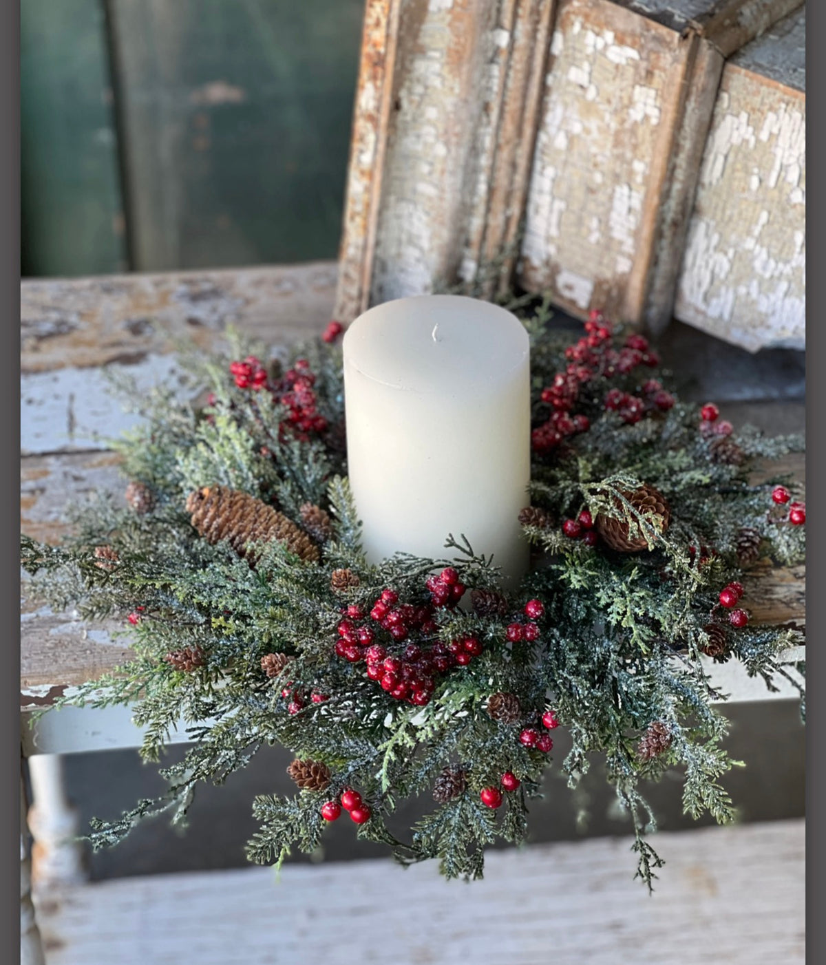 18” Divinity Berry Cedar Pinecone Candle Ring Christmas Holiday Centerpiece