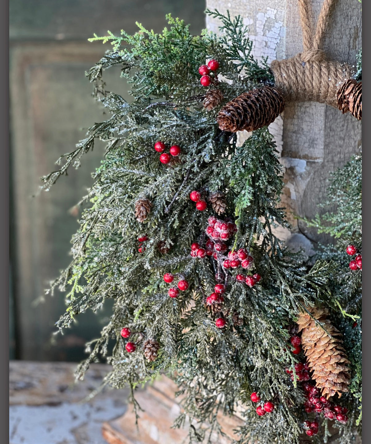 Divinity Berry Faux Cedar Wreath 20” Frosted Pinecone Red Berry Christmas Holiday Front Door
