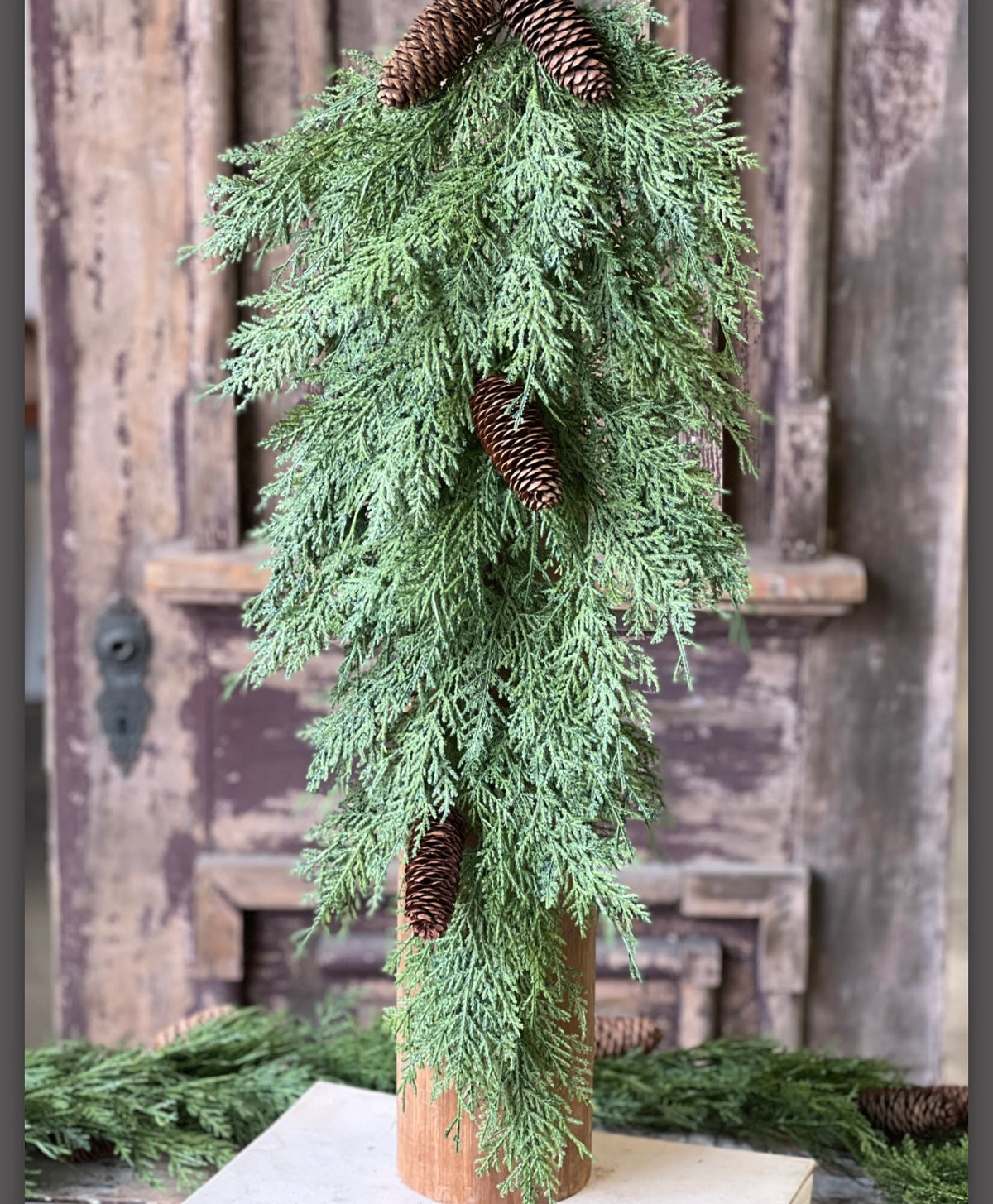 24” Celtic Cedar Hanging Swag Realistic Faux Cedar Greenery With Pinecones
