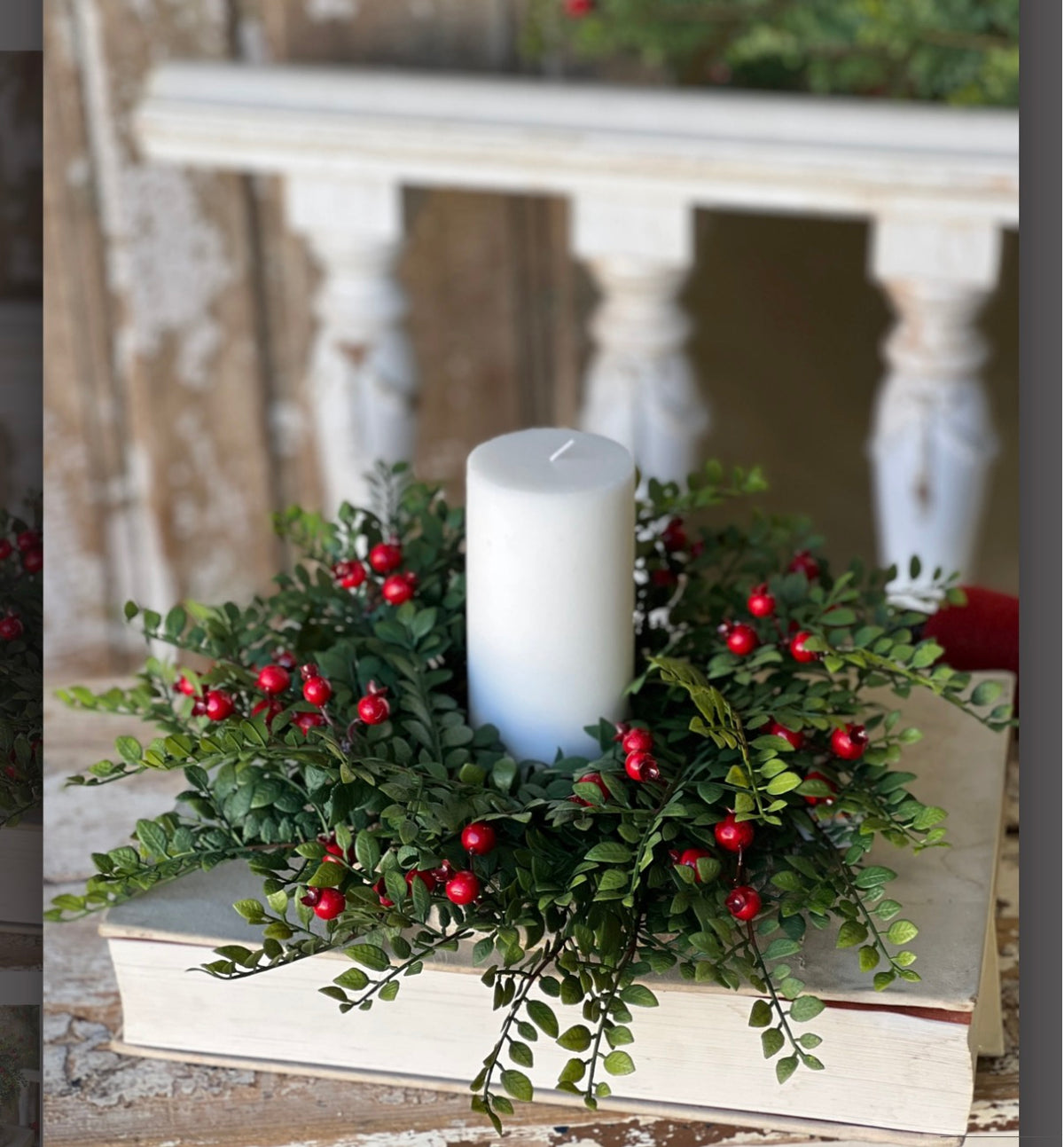 Lively Berry Bough 16” Candle Ring Boxwood Red Berries Christmas Centerpiece Holiday Table Decor