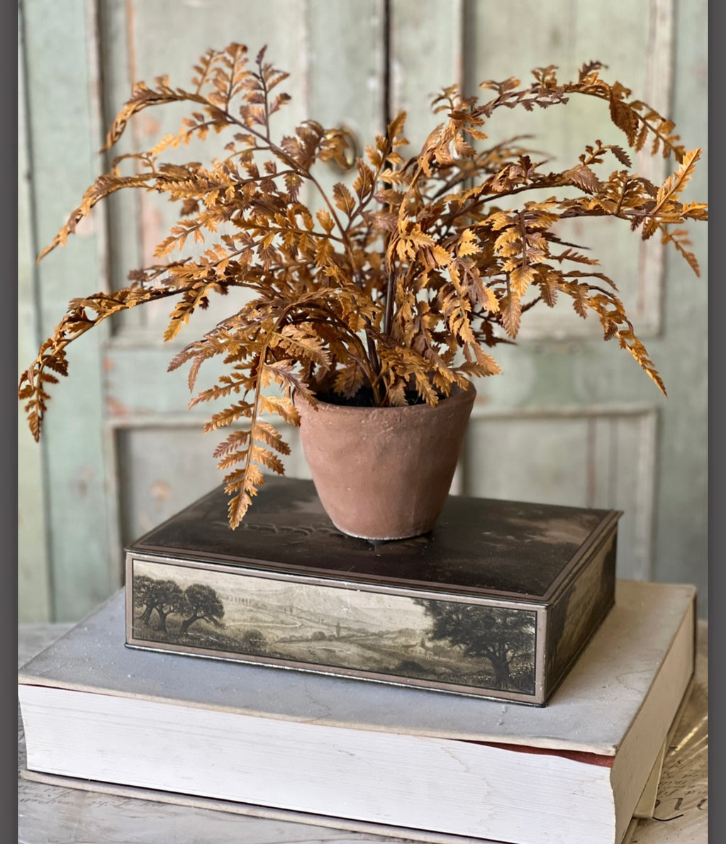 Autumnal 18” Potted Faux Fern Cinnamon Cement Pot Fall Greenery Tabletop Home Decor