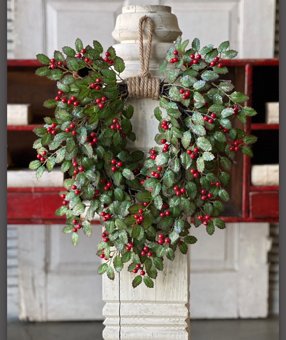 18” Holly & Red Berry Hanging Christmas Wreath Glittered Holiday Greenery Door Decor