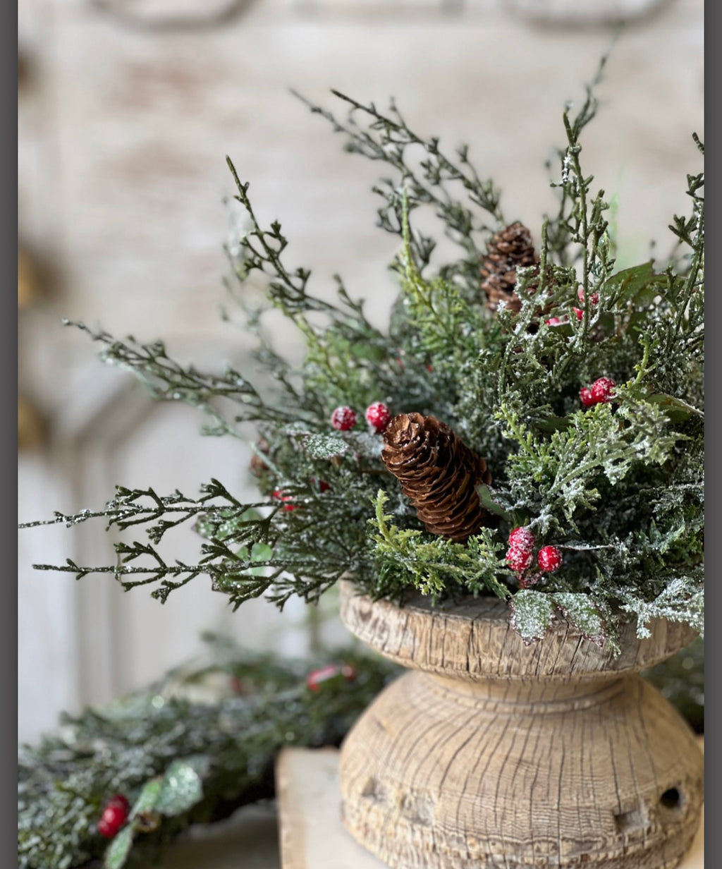 10” Holly Hill Cedar Half Sphere Snowy Christmas Greenery With Red Berries & Pinecones