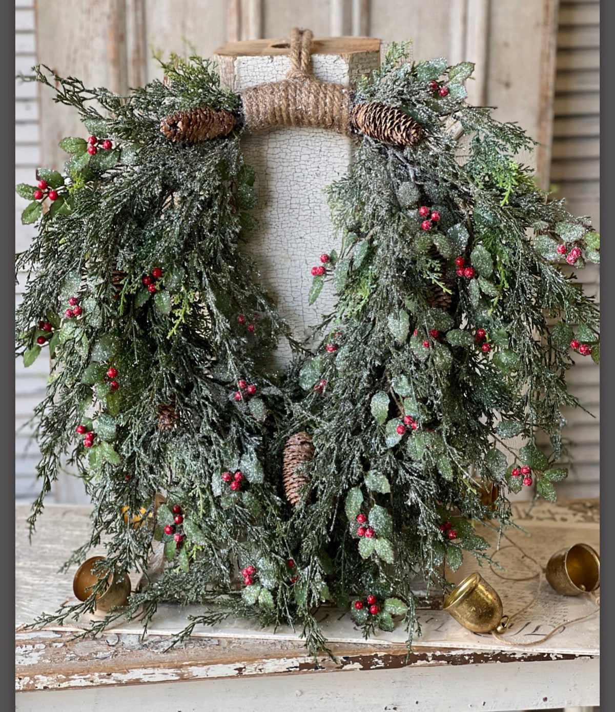 26” Holly Hill Cedar Christmas Wreath Snowy Hanging Wreath With Red Berries & Pinecone