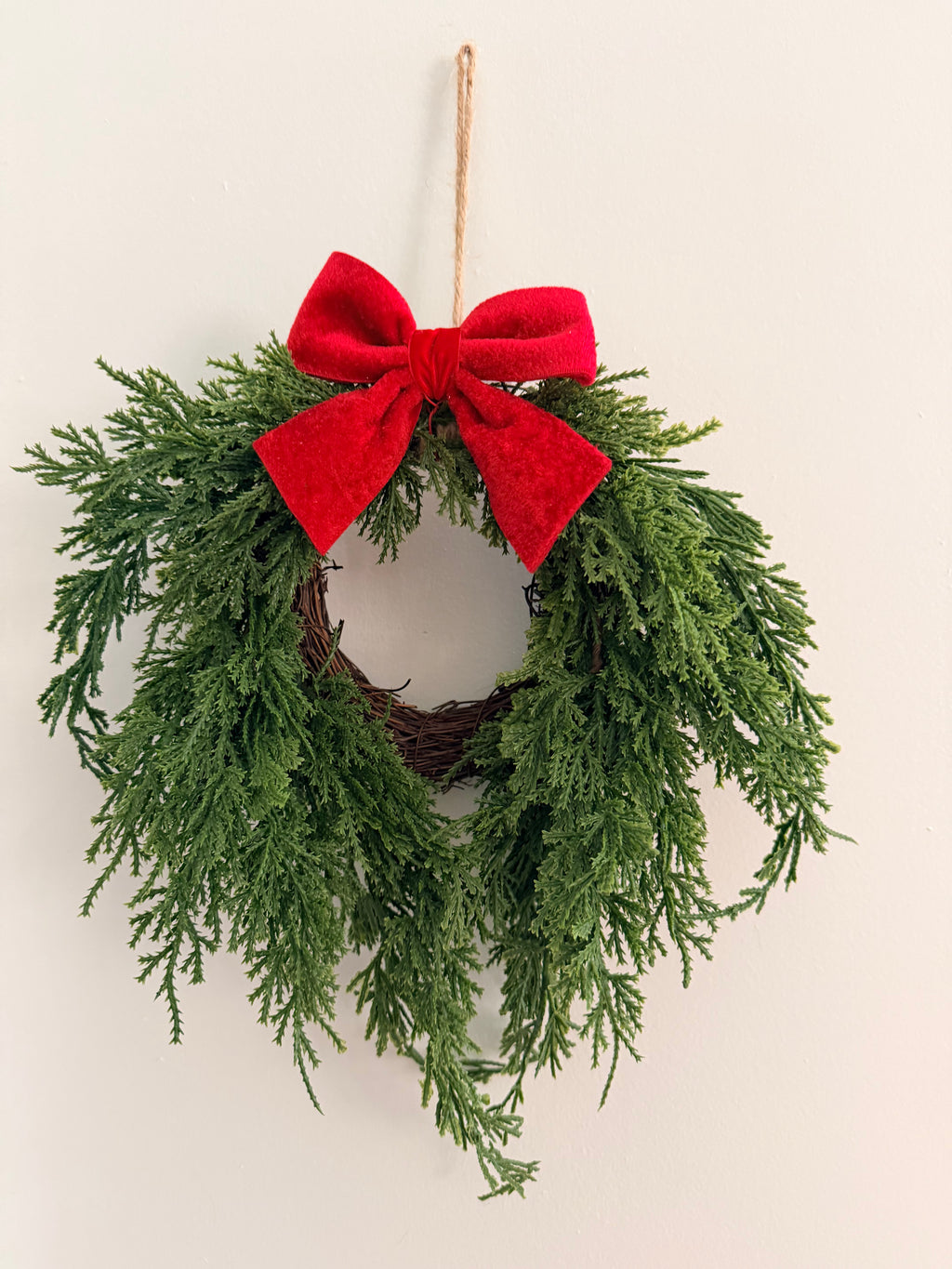 Woodland Cedar 12” Small Christmas Wreath With Red Bow Faux Greenery Farmhouse Classic