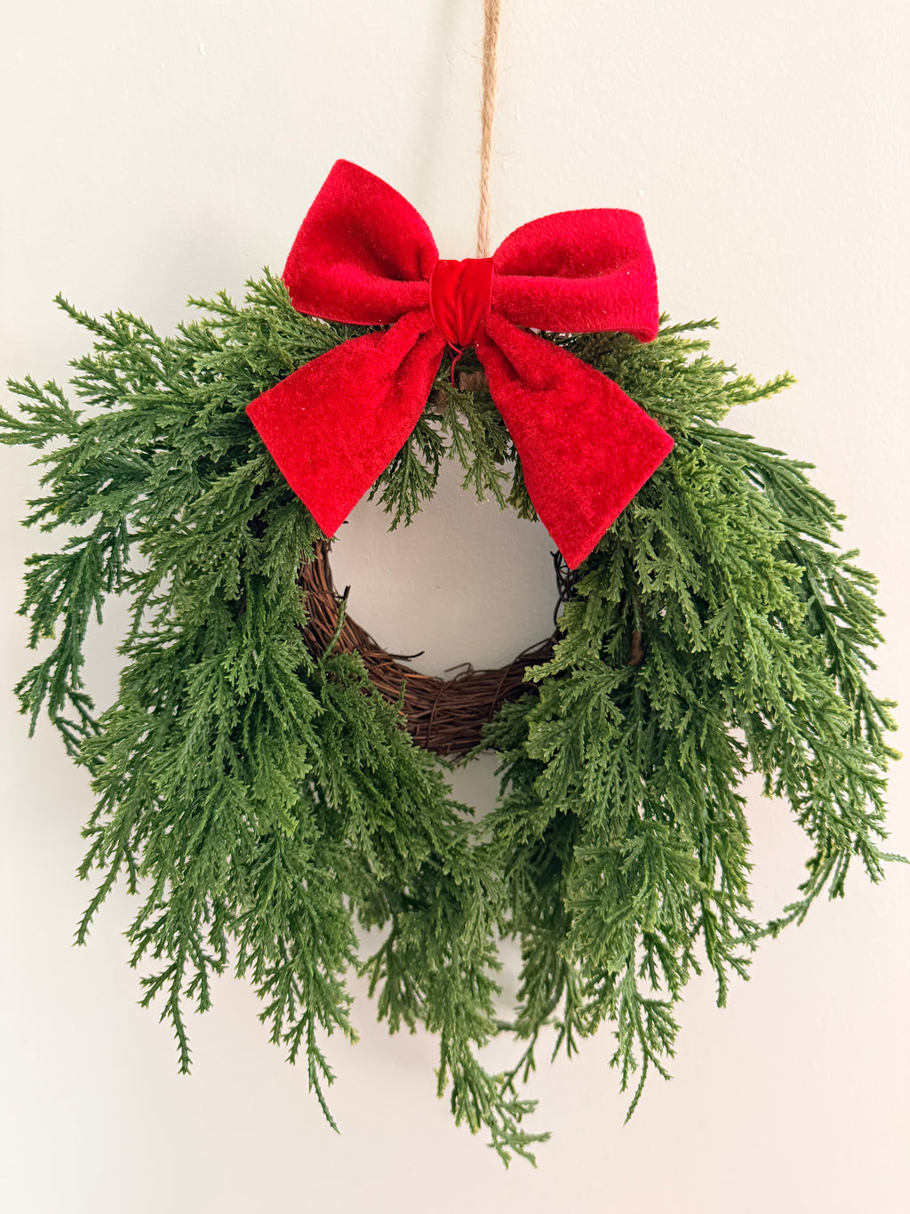 Woodland Cedar 12” Small Christmas Wreath With Red Bow Faux Greenery Farmhouse Classic