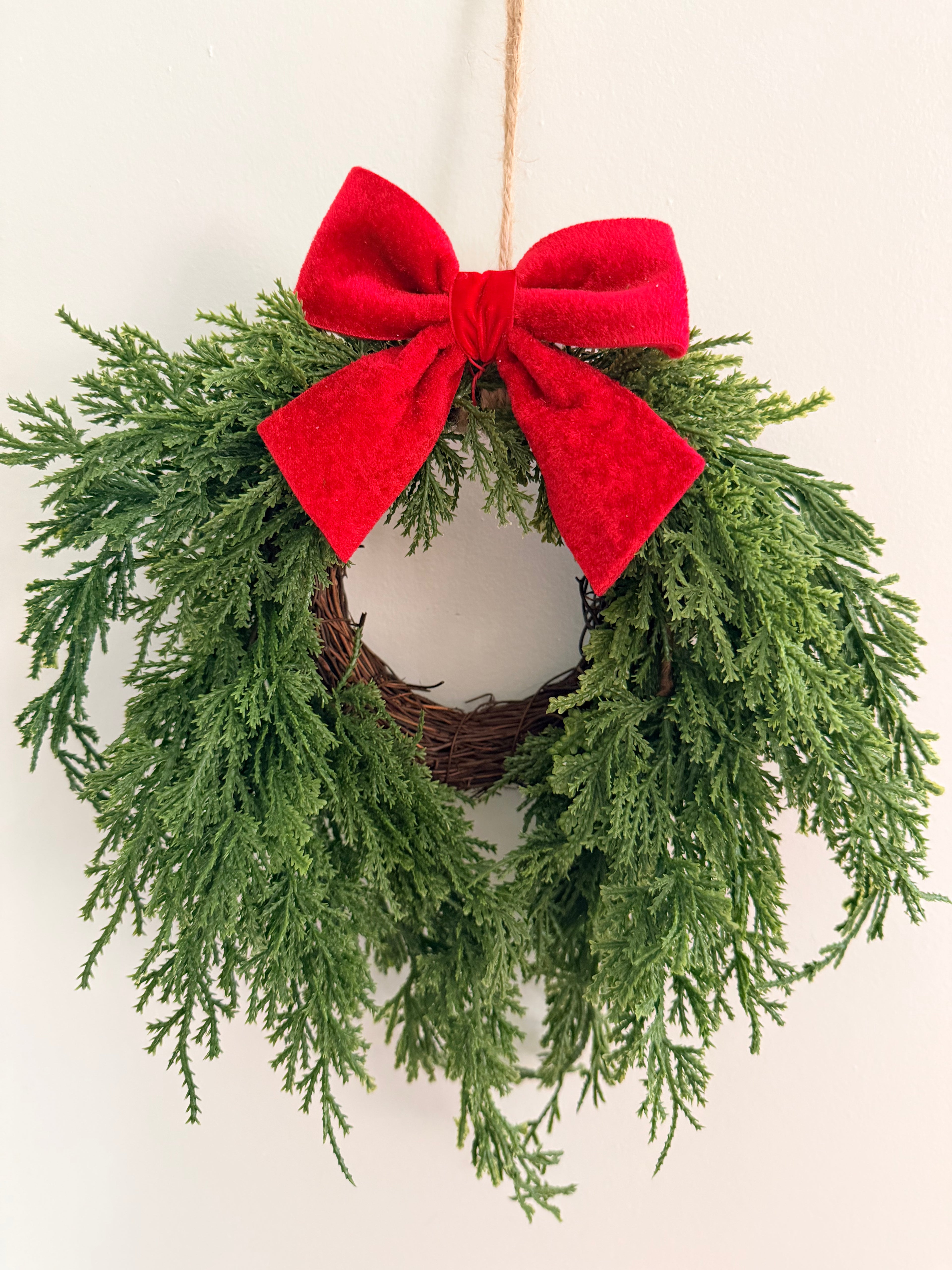Woodland Cedar 12” Small Christmas Wreath With Red Bow Faux Greenery Farmhouse Classic
