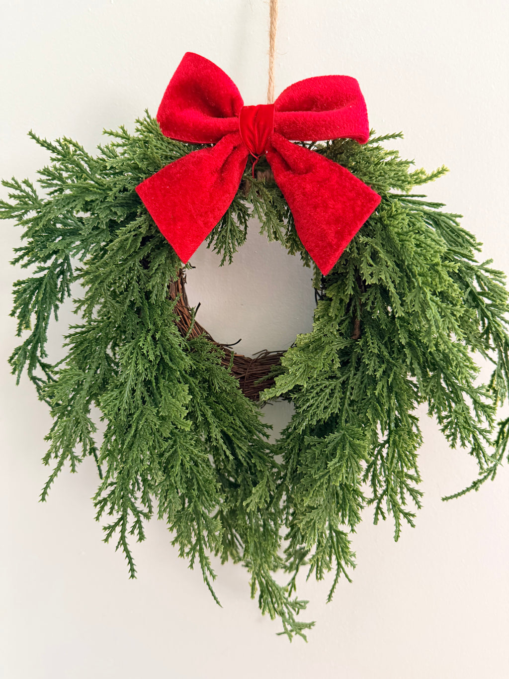 Woodland Cedar 12” Small Christmas Wreath With Red Bow Faux Greenery Farmhouse Classic