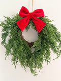 Woodland Cedar 12” Small Christmas Wreath With Red Bow Faux Greenery Farmhouse Classic