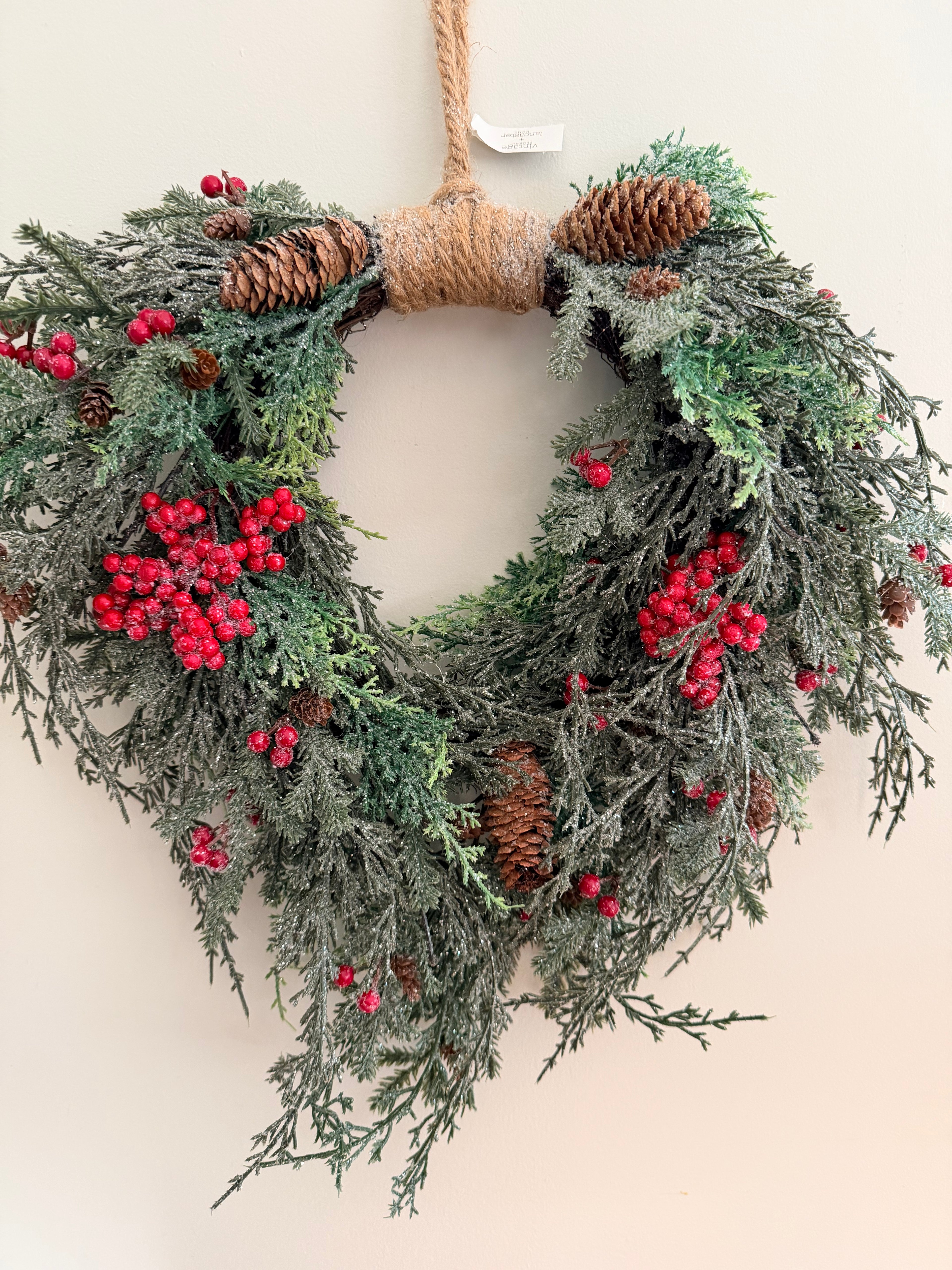 Divinity Berry Faux Cedar Wreath 20” Frosted Pinecone Red Berry Christmas Holiday Front Door