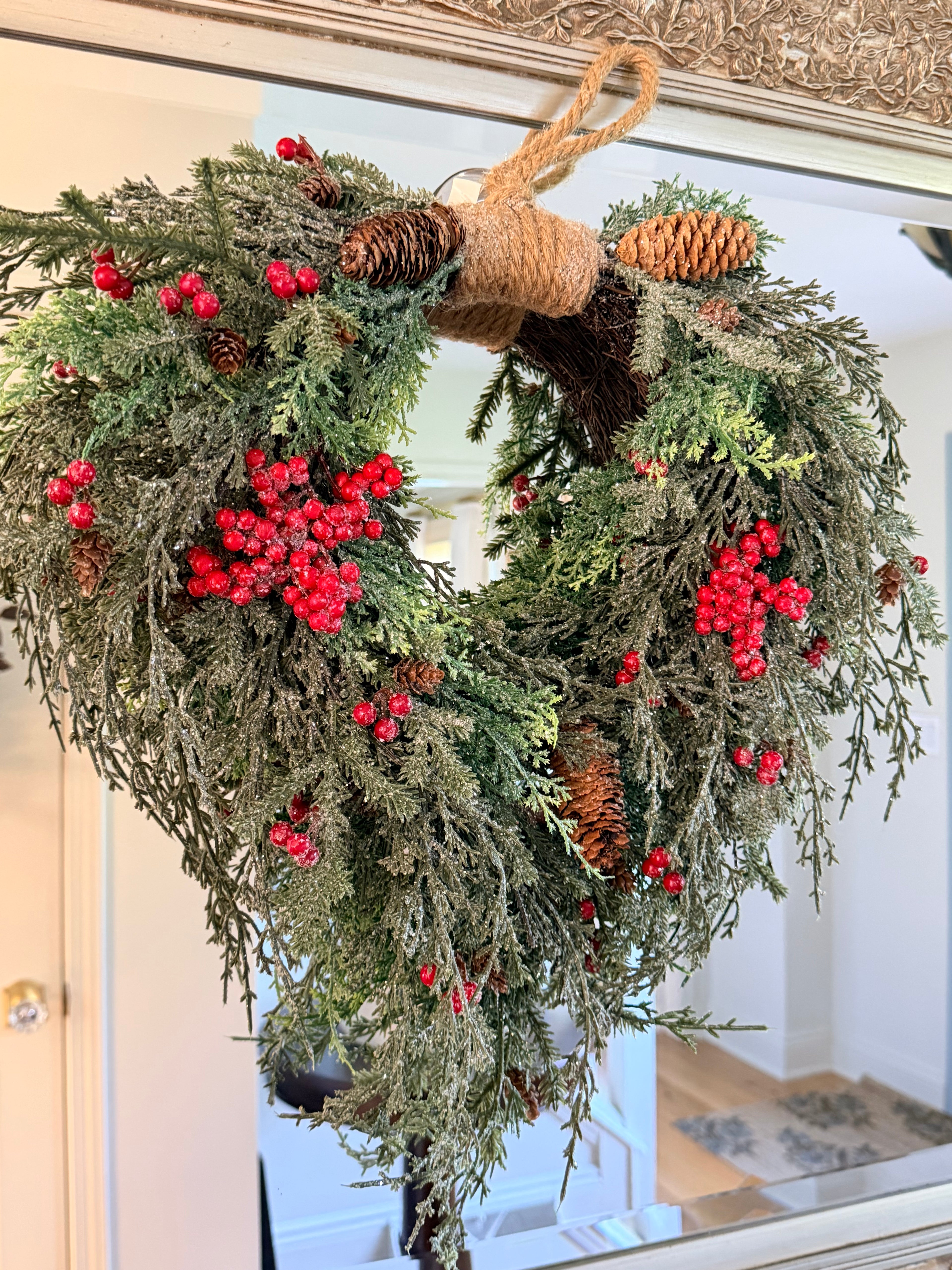 Divinity Berry Faux Cedar Wreath 20” Frosted Pinecone Red Berry Christmas Holiday Front Door
